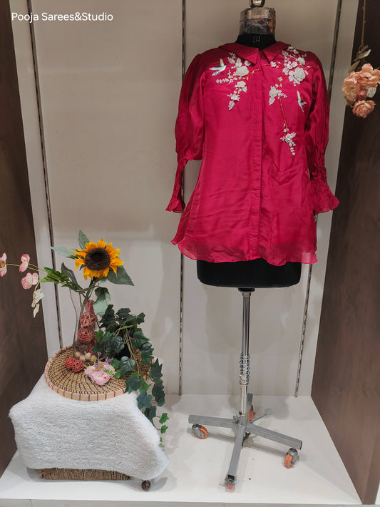 AARSAA Red Organza Katdana Moti Work with Threadwork Flamingo Pattern Top and Stylish Sleeves