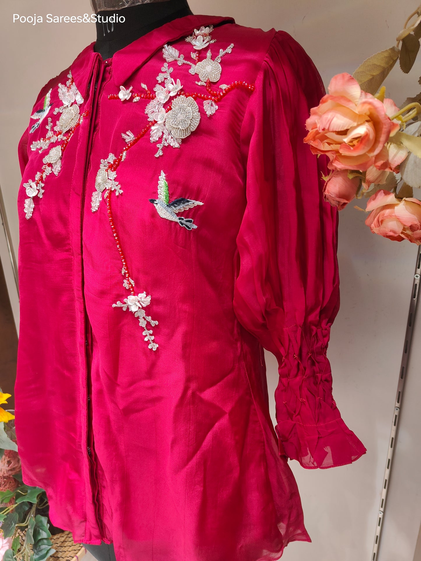 AARSAA Red Organza Katdana Moti Work with Threadwork Flamingo Pattern Top and Stylish Sleeves