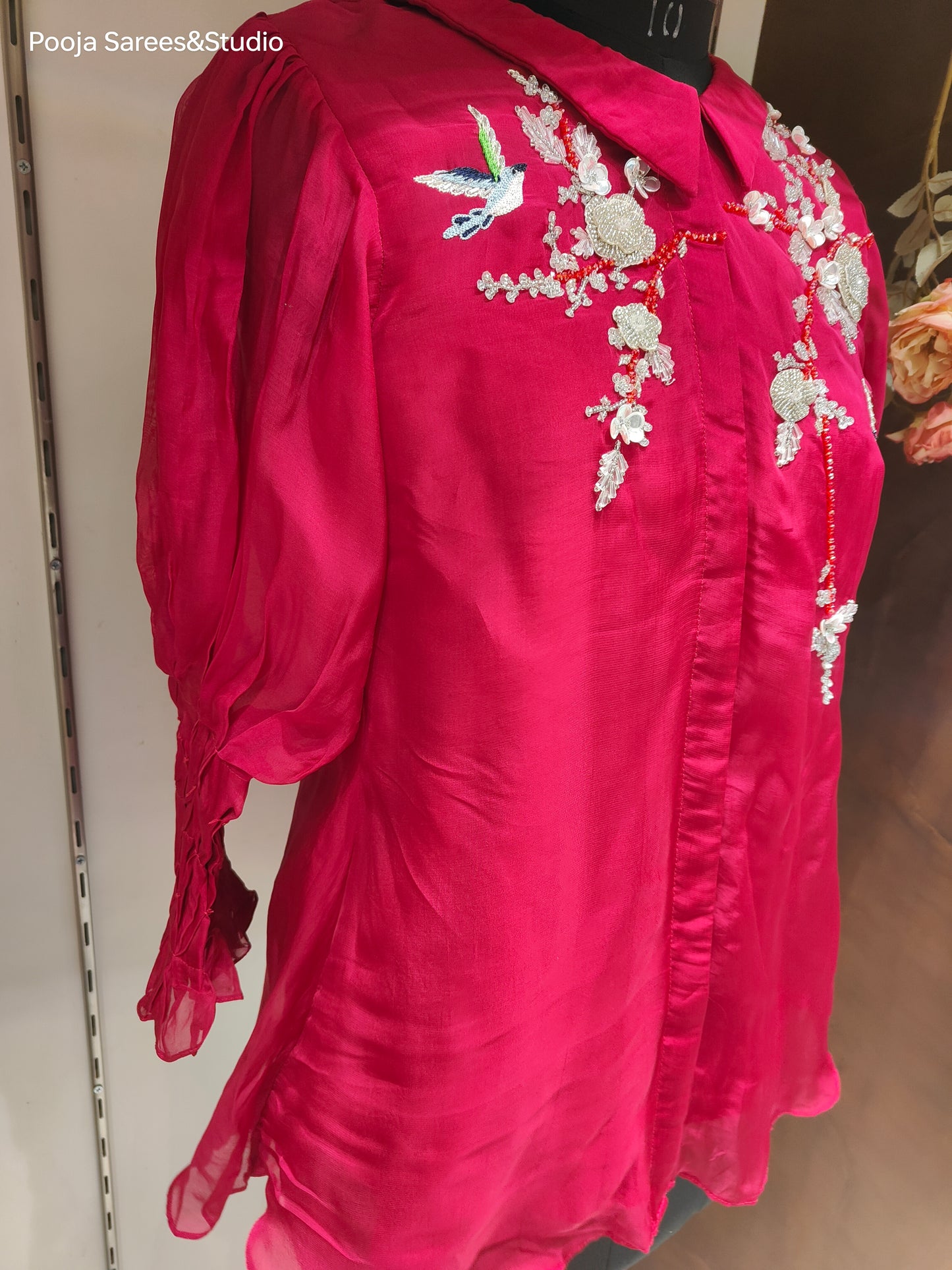 AARSAA Red Organza Katdana Moti Work with Threadwork Flamingo Pattern Top and Stylish Sleeves