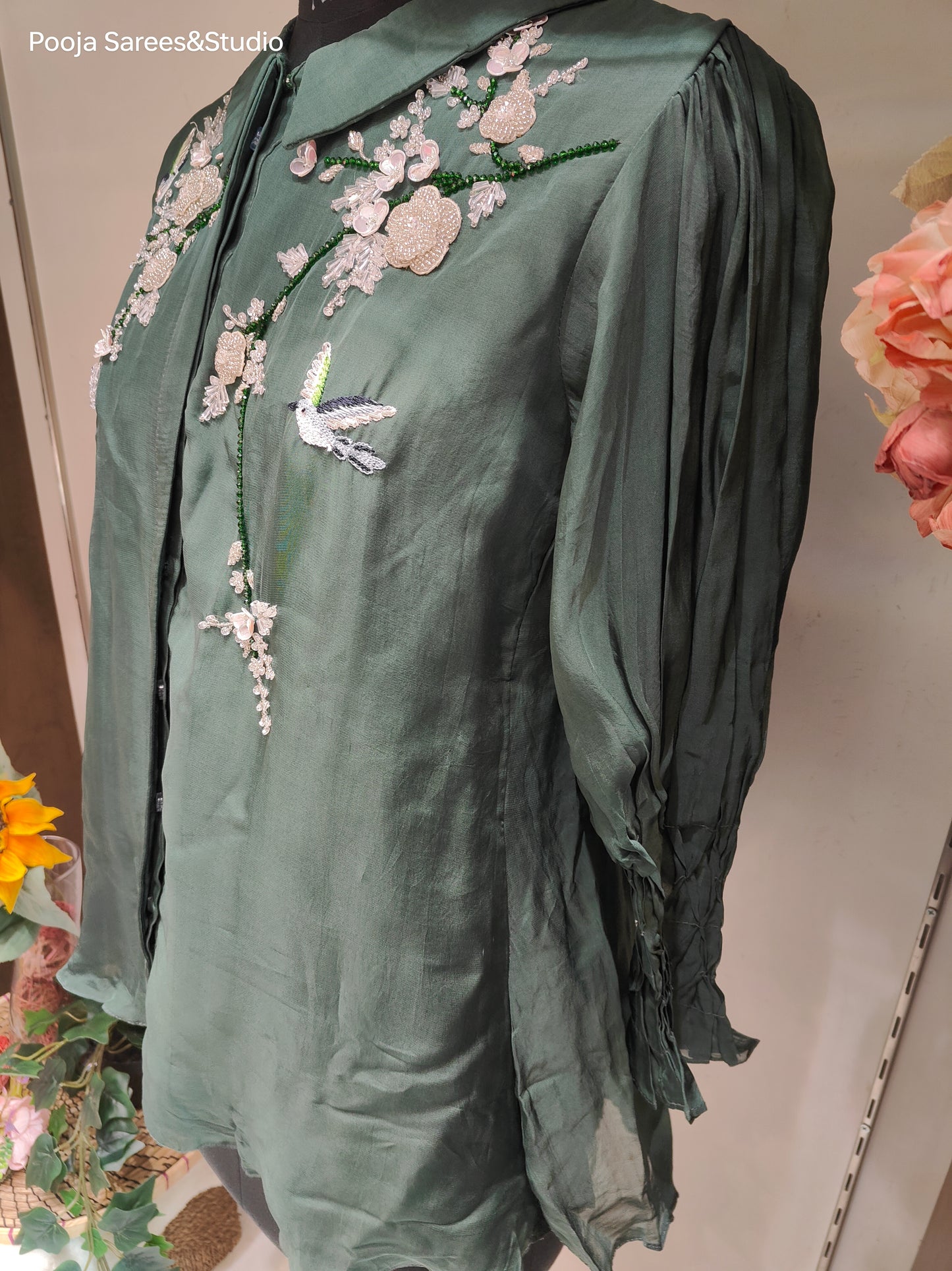 AARSAA Green Organza Katdana Moti Work with Threadwork Flamingo Pattern Top and Stylish Sleeves