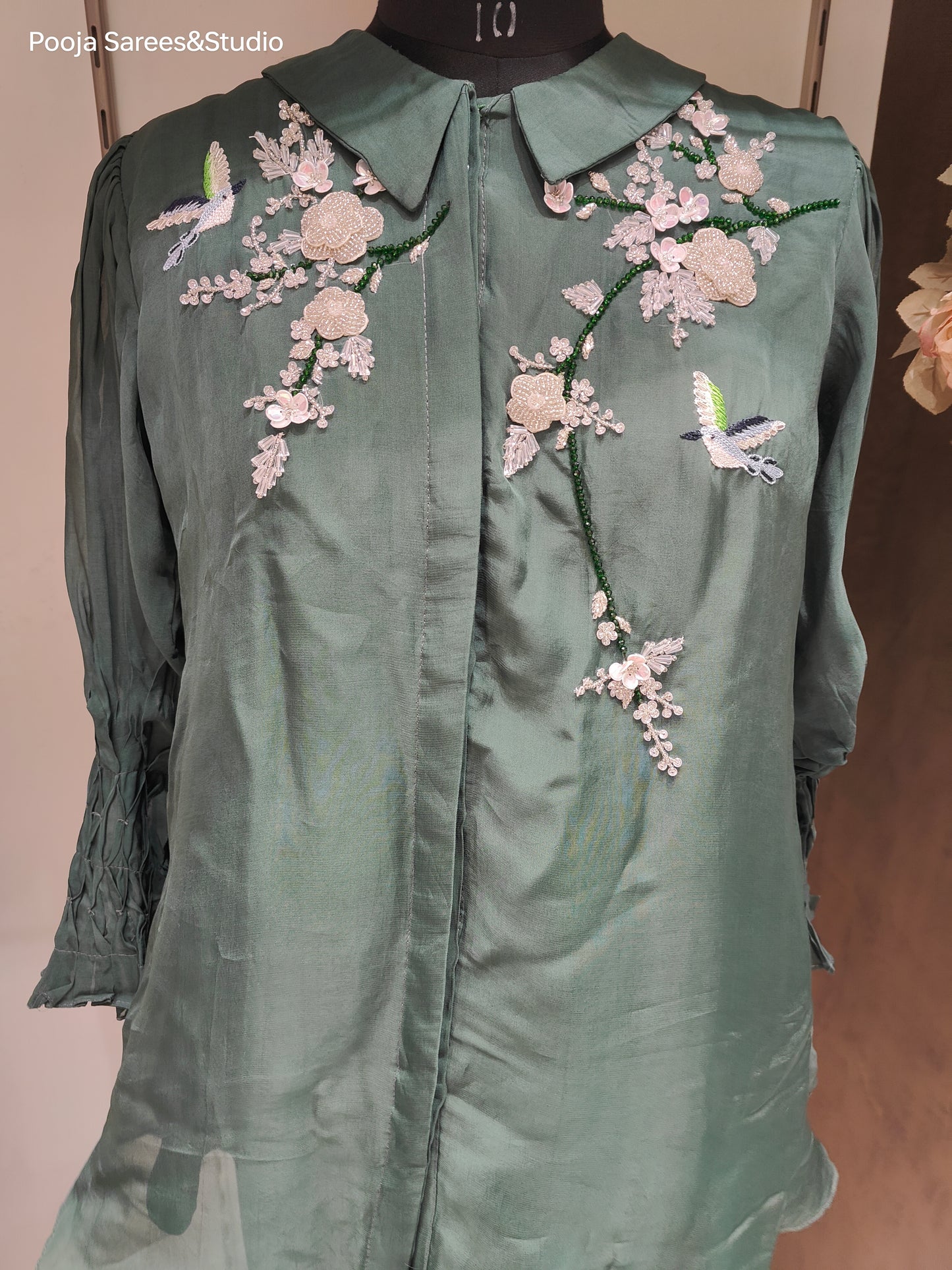 AARSAA Green Organza Katdana Moti Work with Threadwork Flamingo Pattern Top and Stylish Sleeves