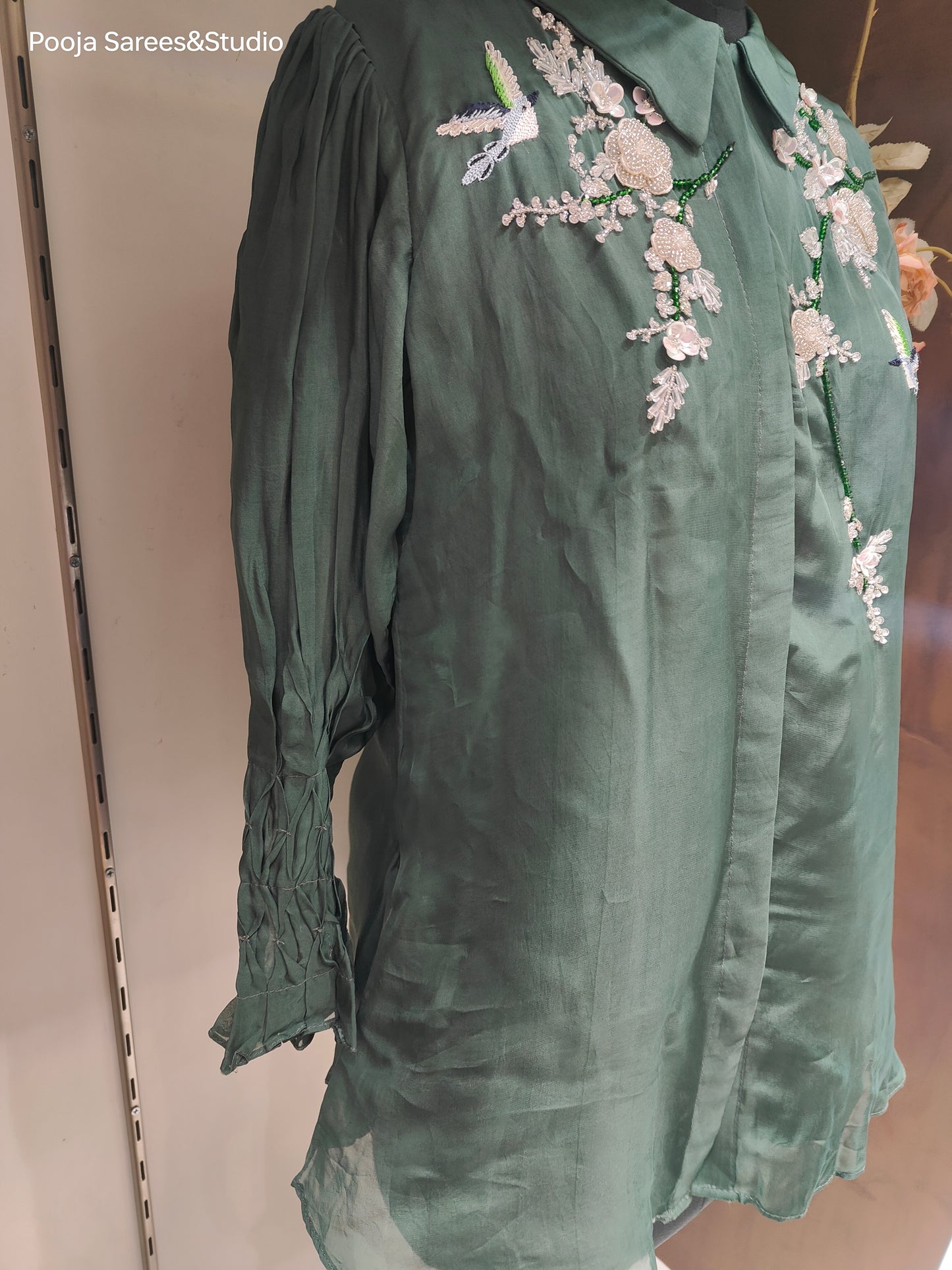 AARSAA Green Organza Katdana Moti Work with Threadwork Flamingo Pattern Top and Stylish Sleeves