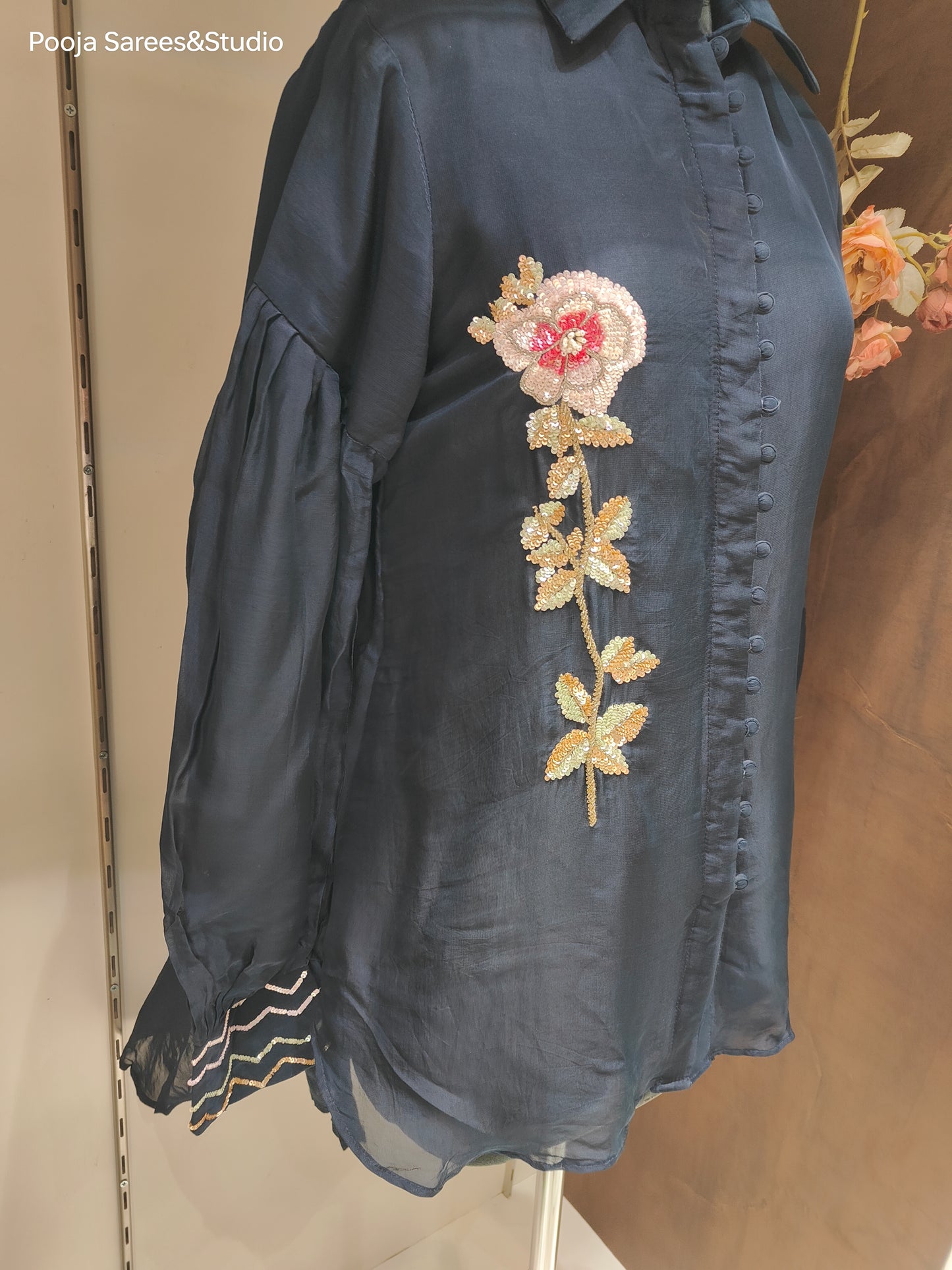 AARSAA Navy Blue Organza Katdana Sequence Placement Work and Work on sleeves High Low Top