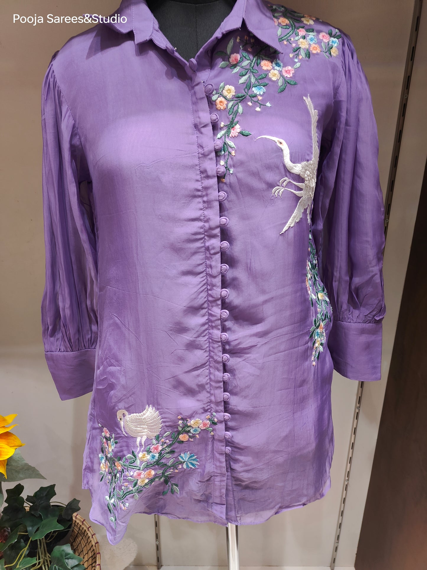 AARSAA Purple Organza Flamingo and Floral Themed Threadwork Flared Top