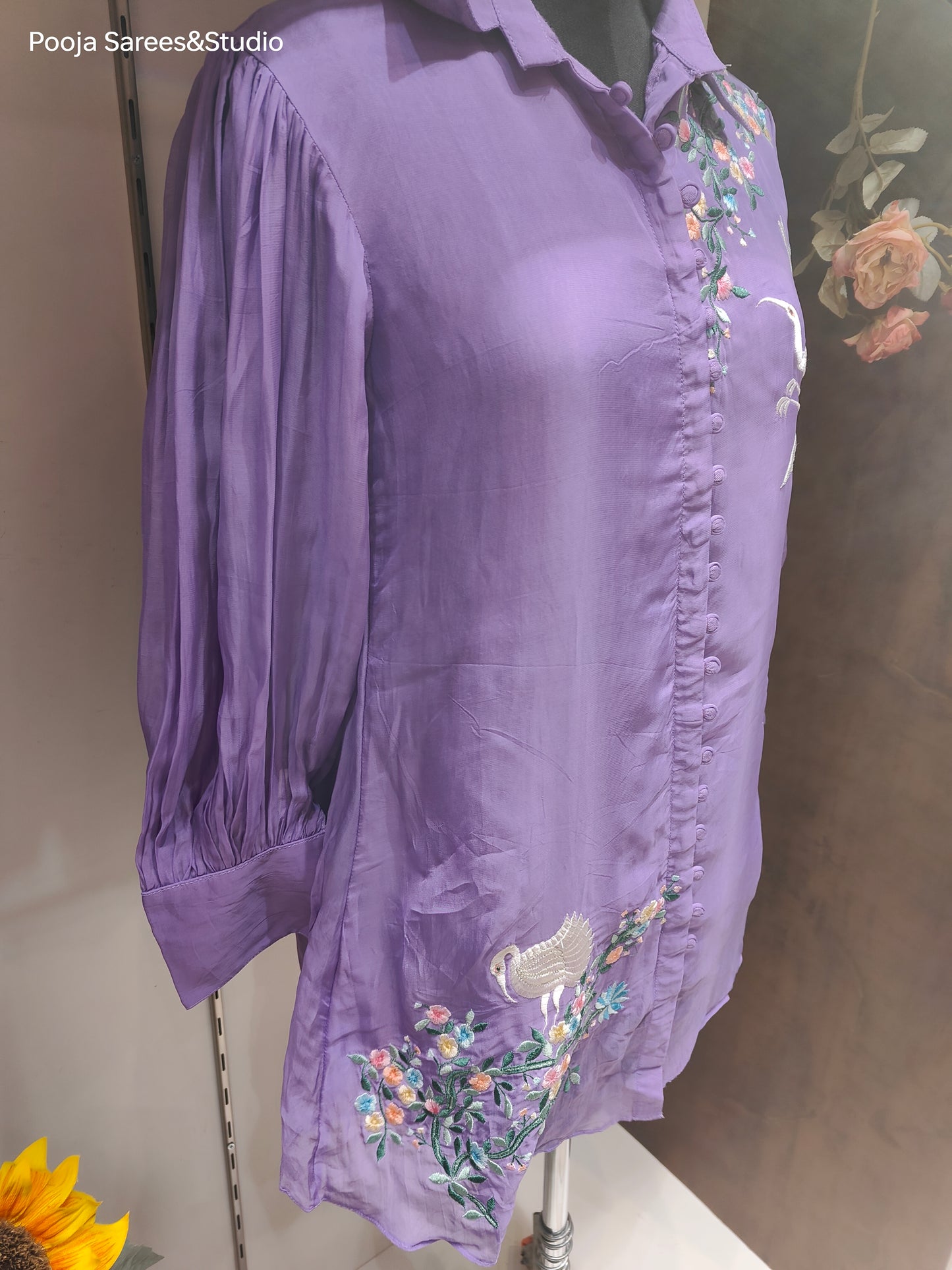 AARSAA Purple Organza Flamingo and Floral Themed Threadwork Flared Top