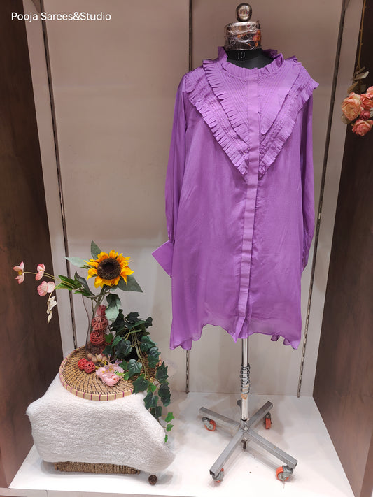 AARSAA Purple Crepe Hand Pleeted neck with Moti Highlighted Long Top