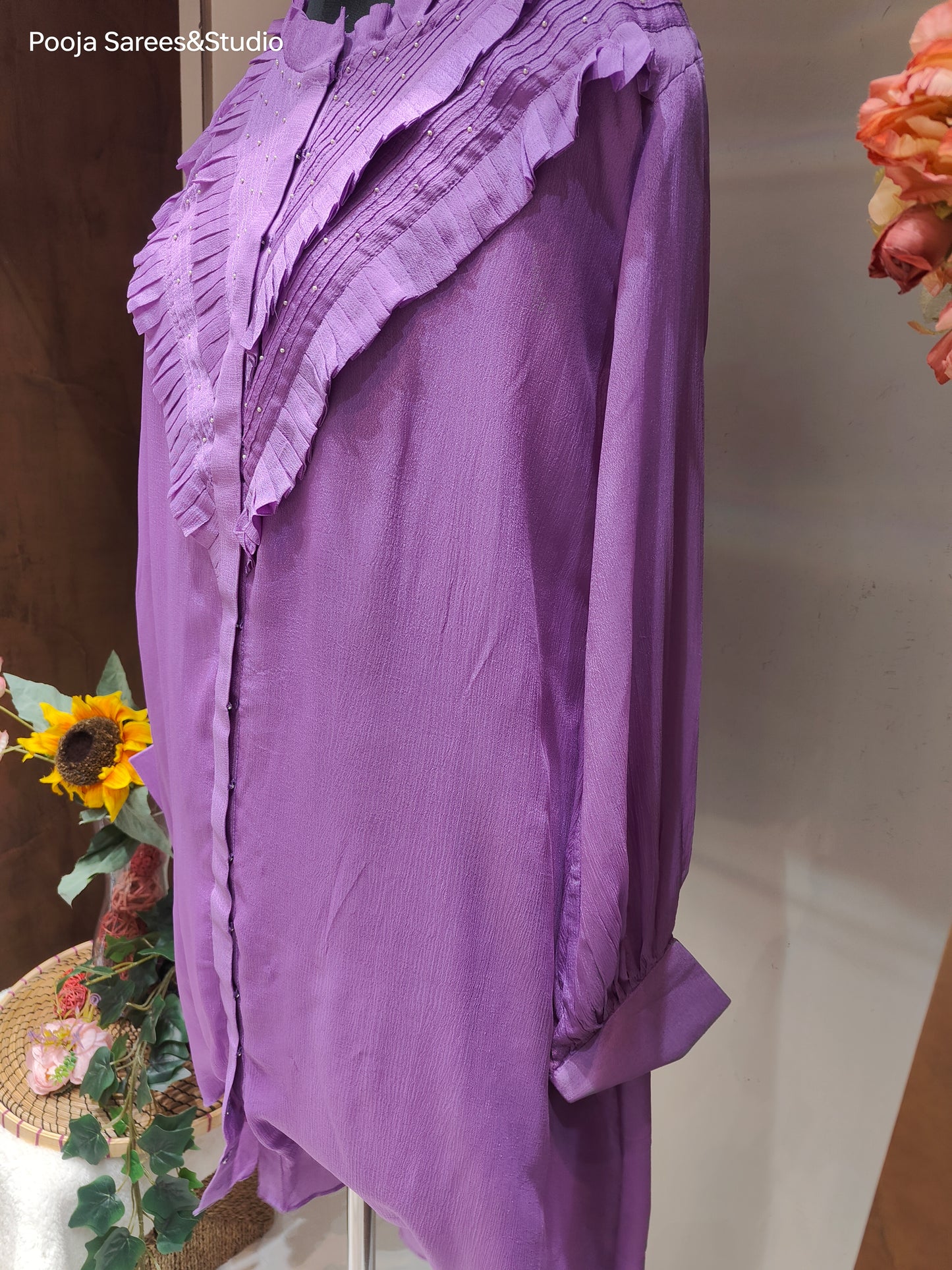 AARSAA Purple Crepe Hand Pleeted neck with Moti Highlighted Long Top