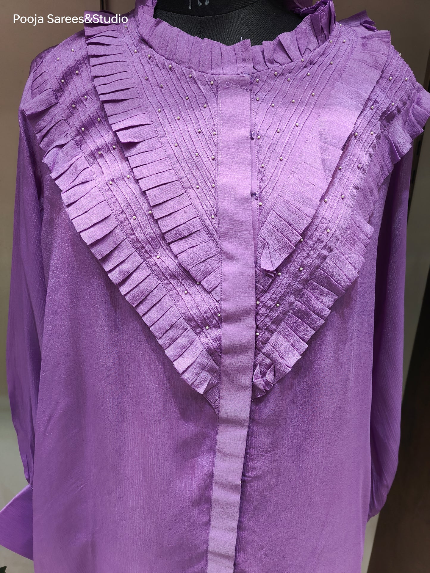 AARSAA Purple Crepe Hand Pleeted neck with Moti Highlighted Long Top