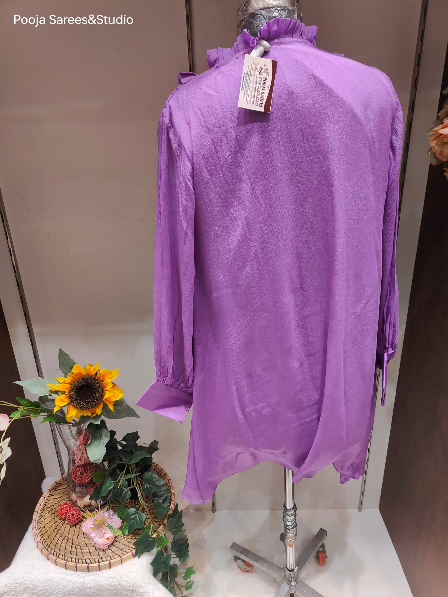 AARSAA Purple Crepe Hand Pleeted neck with Moti Highlighted Long Top