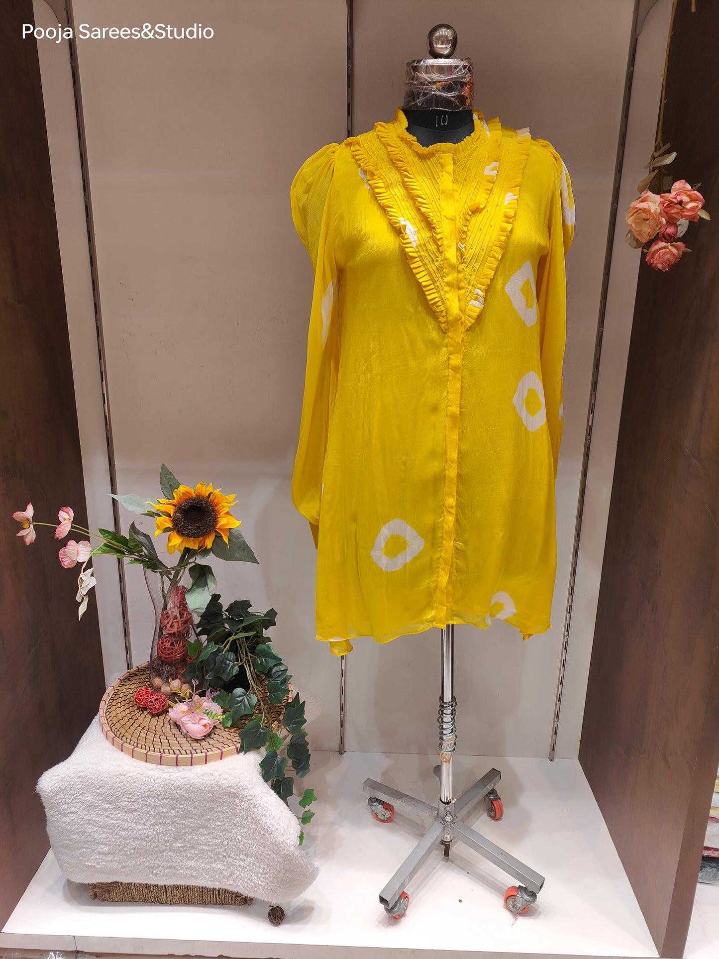 AARSAA Yellow Bandhani Printed Crepe Hand Pleeted neck with Moti Highlighted Long Top