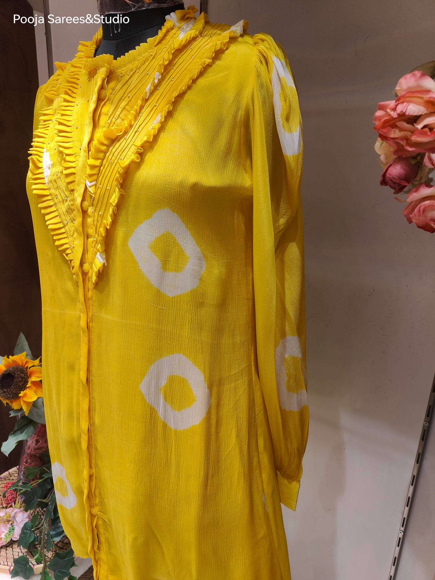 AARSAA Yellow Bandhani Printed Crepe Hand Pleeted neck with Moti Highlighted Long Top