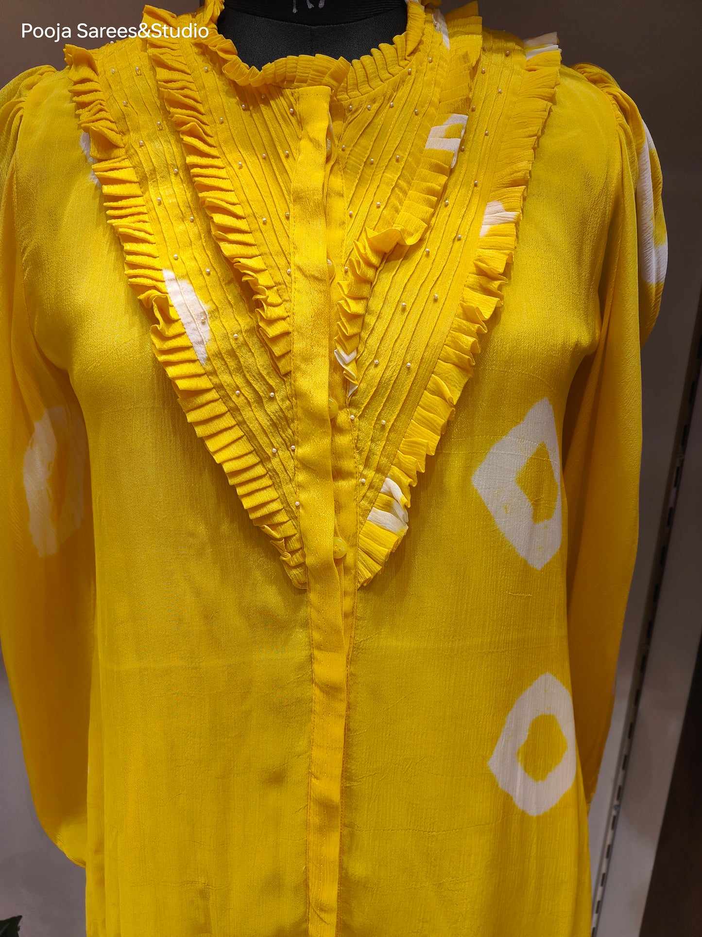 AARSAA Yellow Bandhani Printed Crepe Hand Pleeted neck with Moti Highlighted Long Top