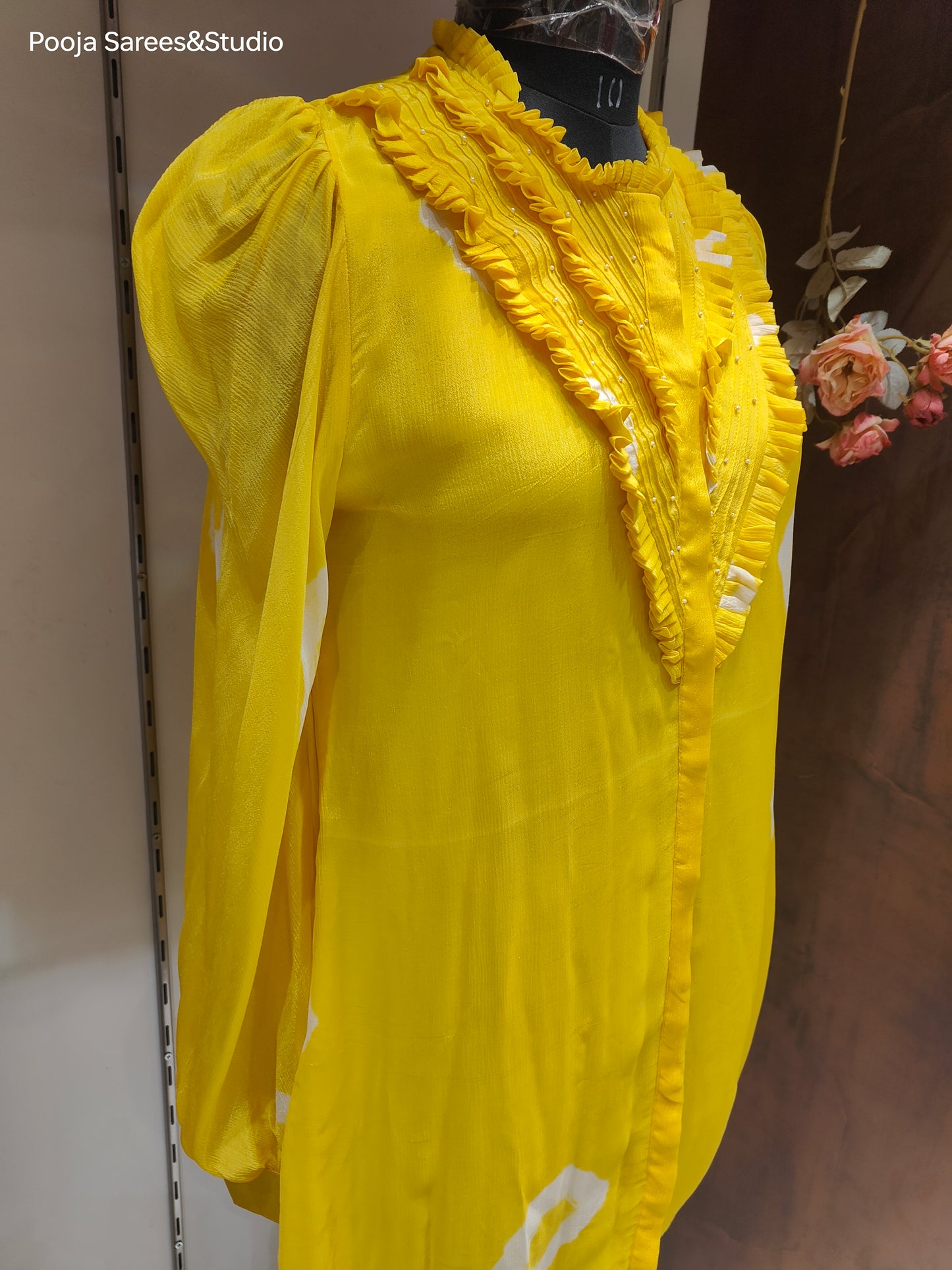 AARSAA Yellow Bandhani Printed Crepe Hand Pleeted neck with Moti Highlighted Long Top