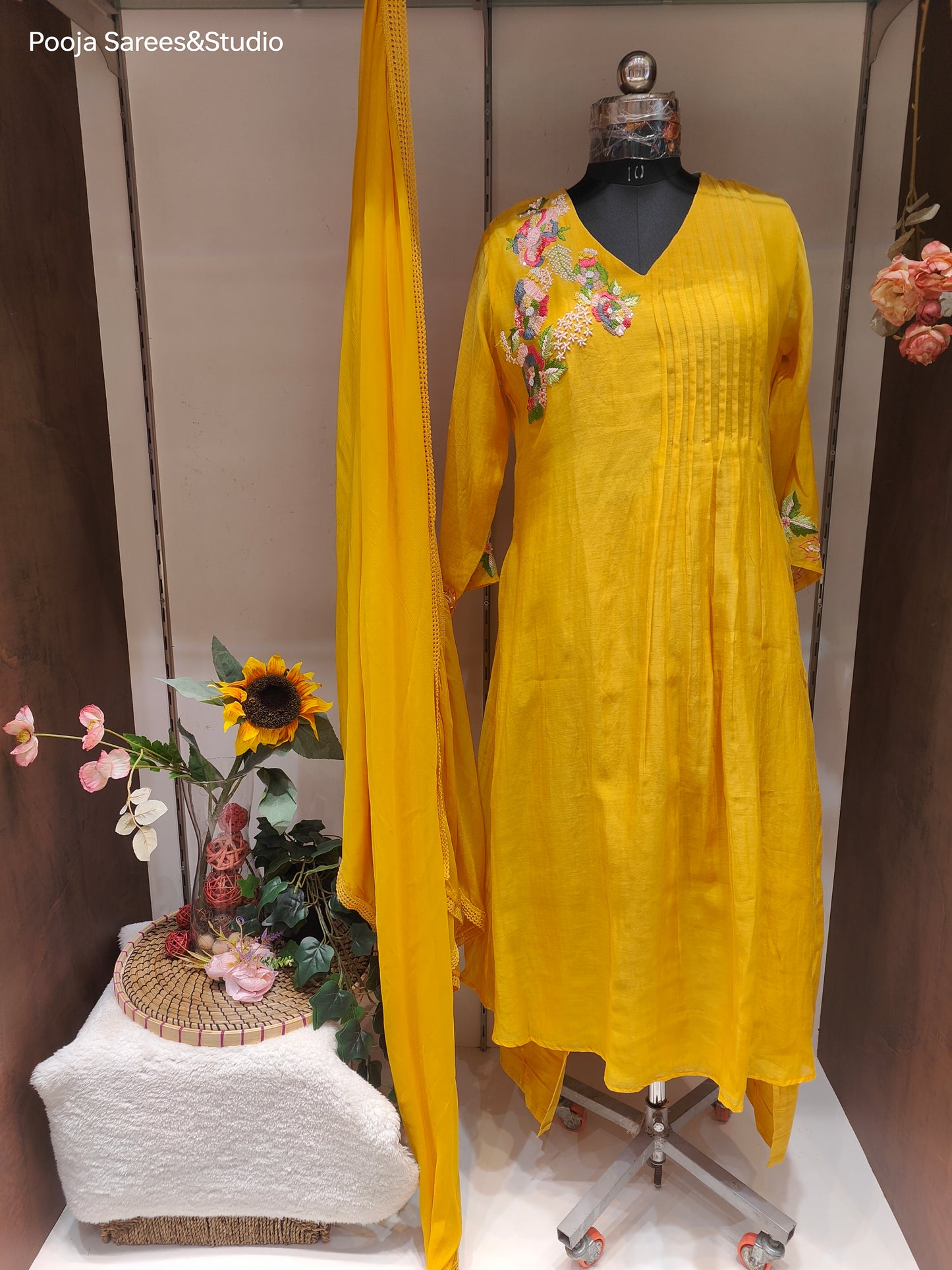 AARSAA Yellow Mulmul Cotton Multicolour Sequence Work Flared Kurta Set