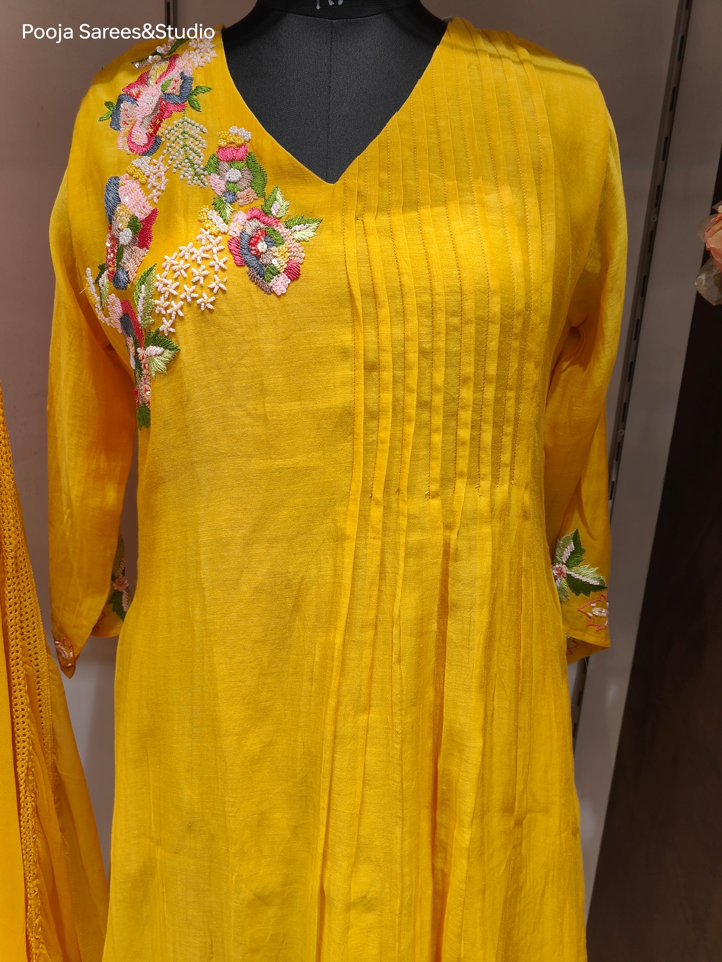 AARSAA Yellow Mulmul Cotton Multicolour Sequence Work Flared Kurta Set