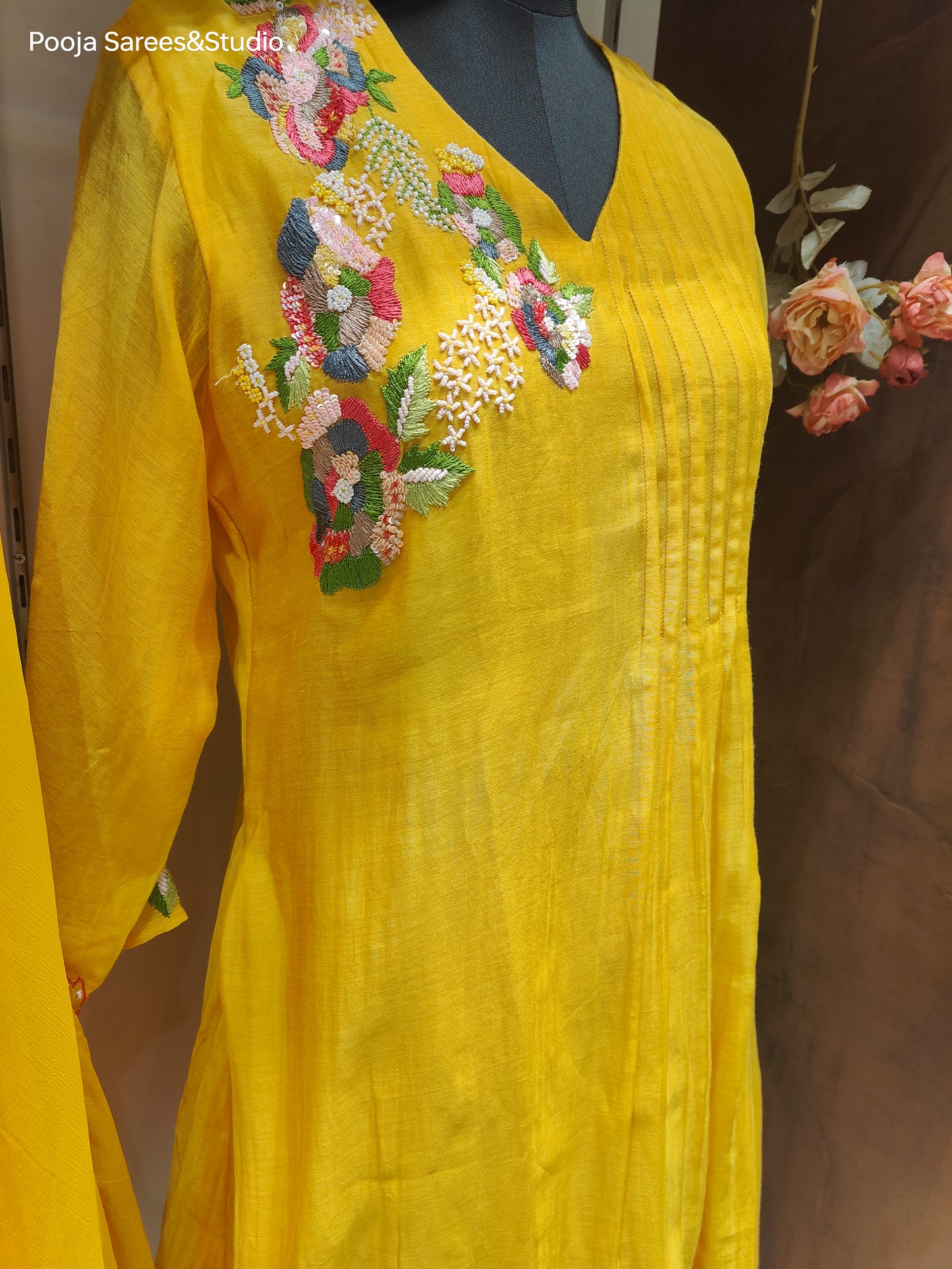 AARSAA Yellow Mulmul Cotton Multicolour Sequence Work Flared Kurta Set