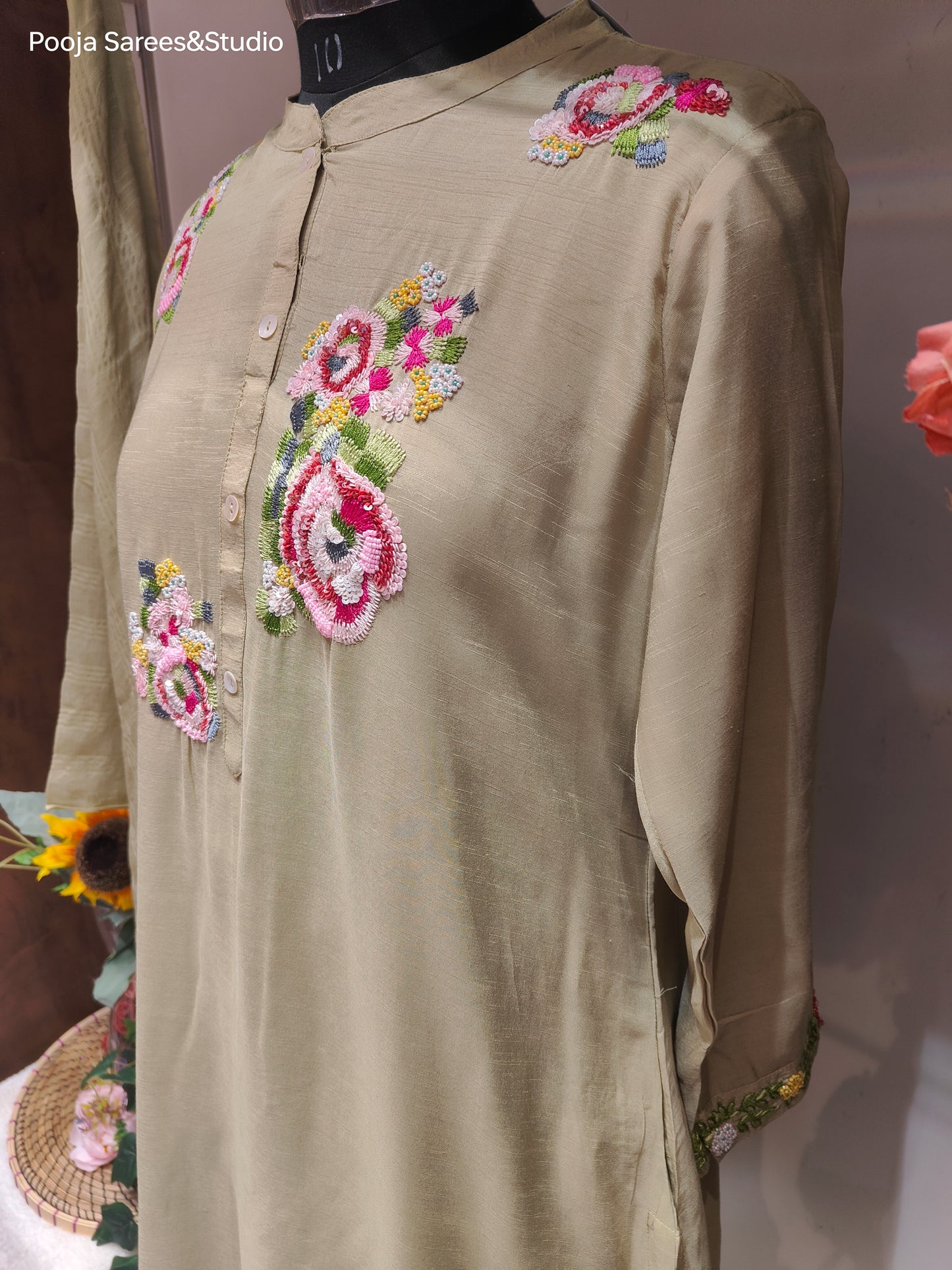 AARSAA Pista Green Raw Silk Multicolour Sequence floral work Kurta Set