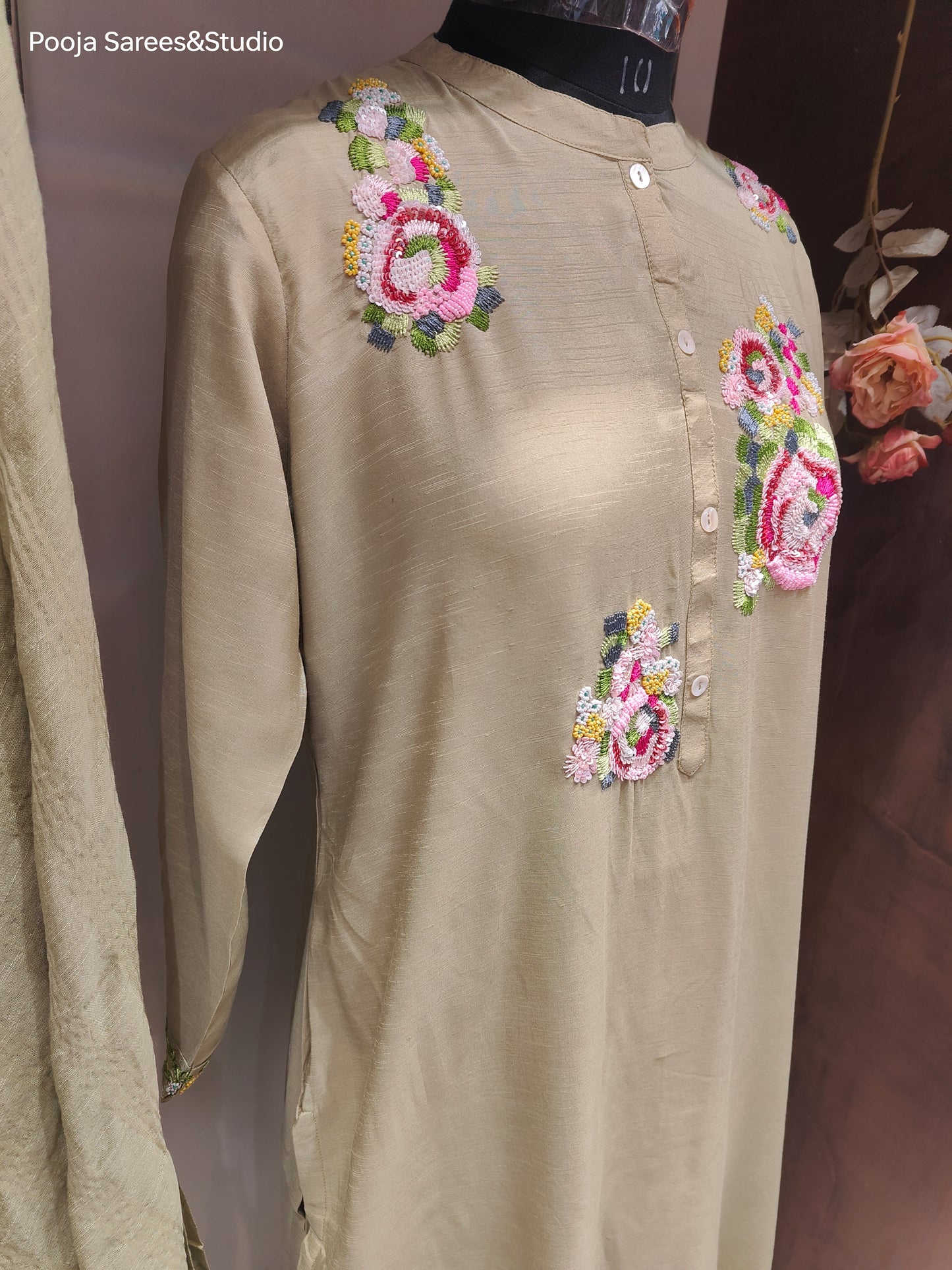 AARSAA Pista Green Raw Silk Multicolour Sequence floral work Kurta Set