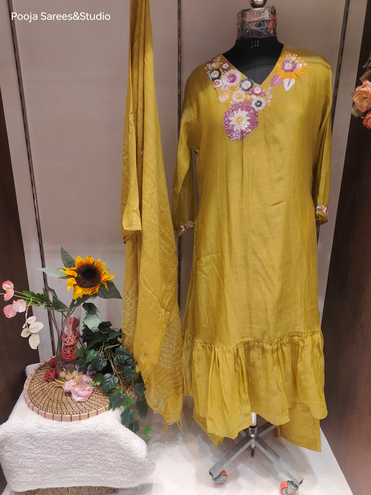 AARSAA Mulmul Cotton Mustard Multicolour Sequence Flared Kurta Set