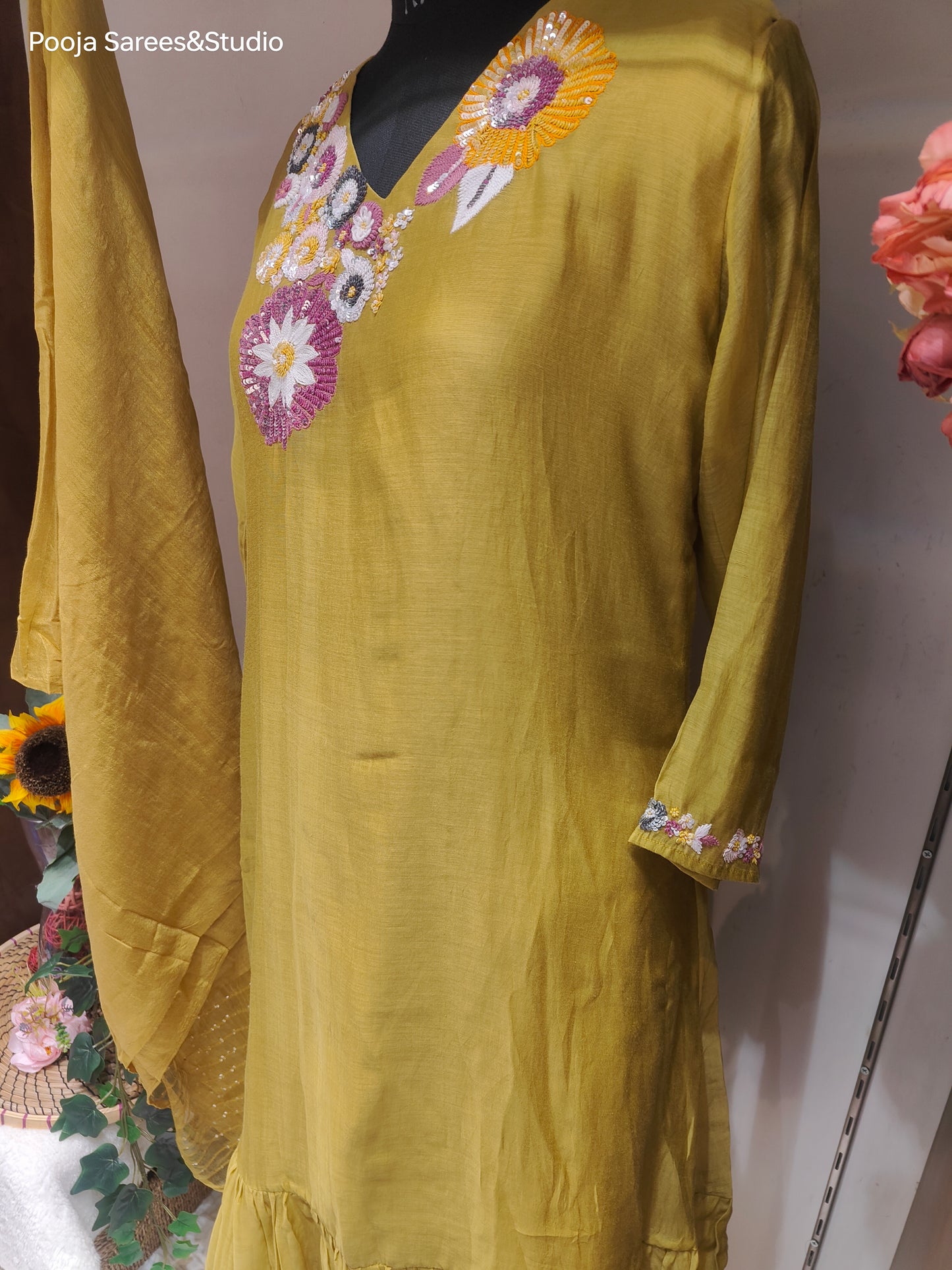 AARSAA Mulmul Cotton Mustard Multicolour Sequence Flared Kurta Set