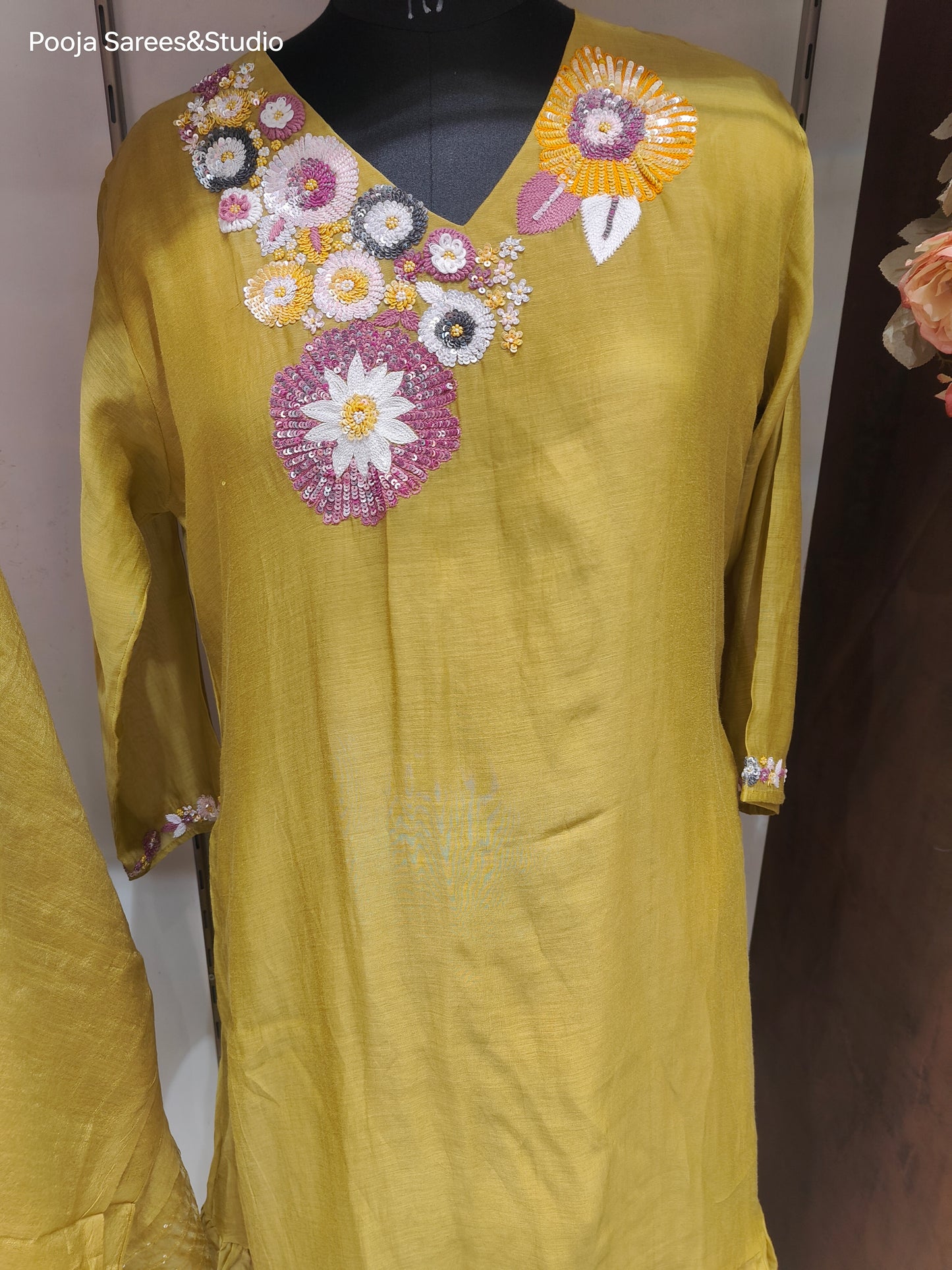 AARSAA Mulmul Cotton Mustard Multicolour Sequence Flared Kurta Set