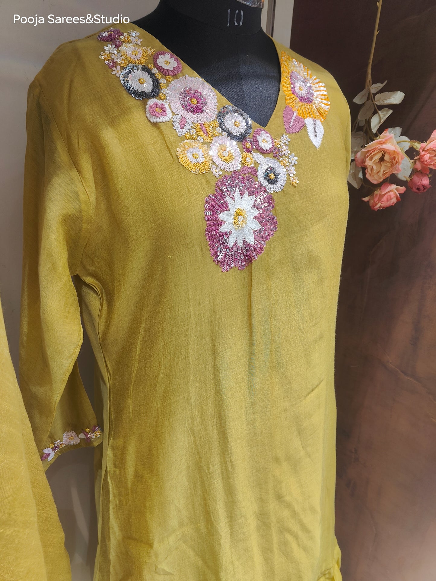 AARSAA Mulmul Cotton Mustard Multicolour Sequence Flared Kurta Set