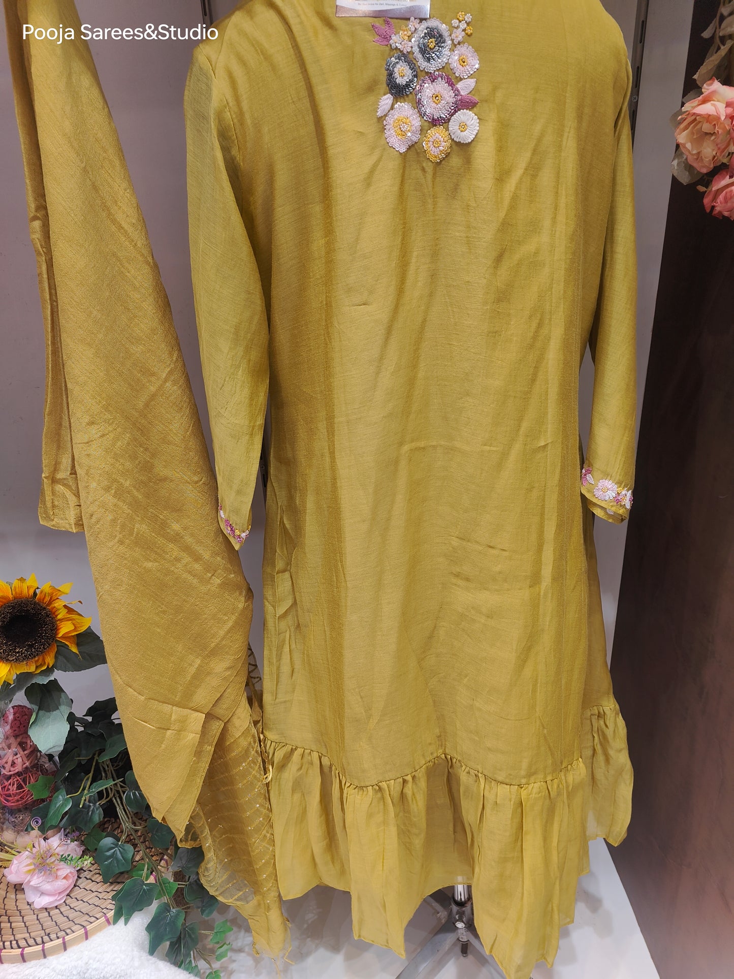 AARSAA Mulmul Cotton Mustard Multicolour Sequence Flared Kurta Set