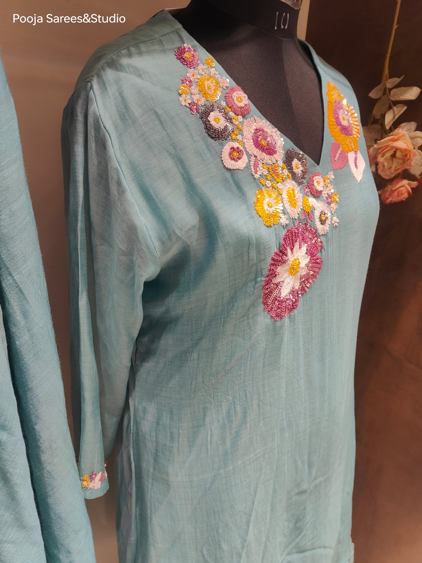 AARSAA Mulmul Cotton Teal Multicolour Sequence Flared Kurta Set