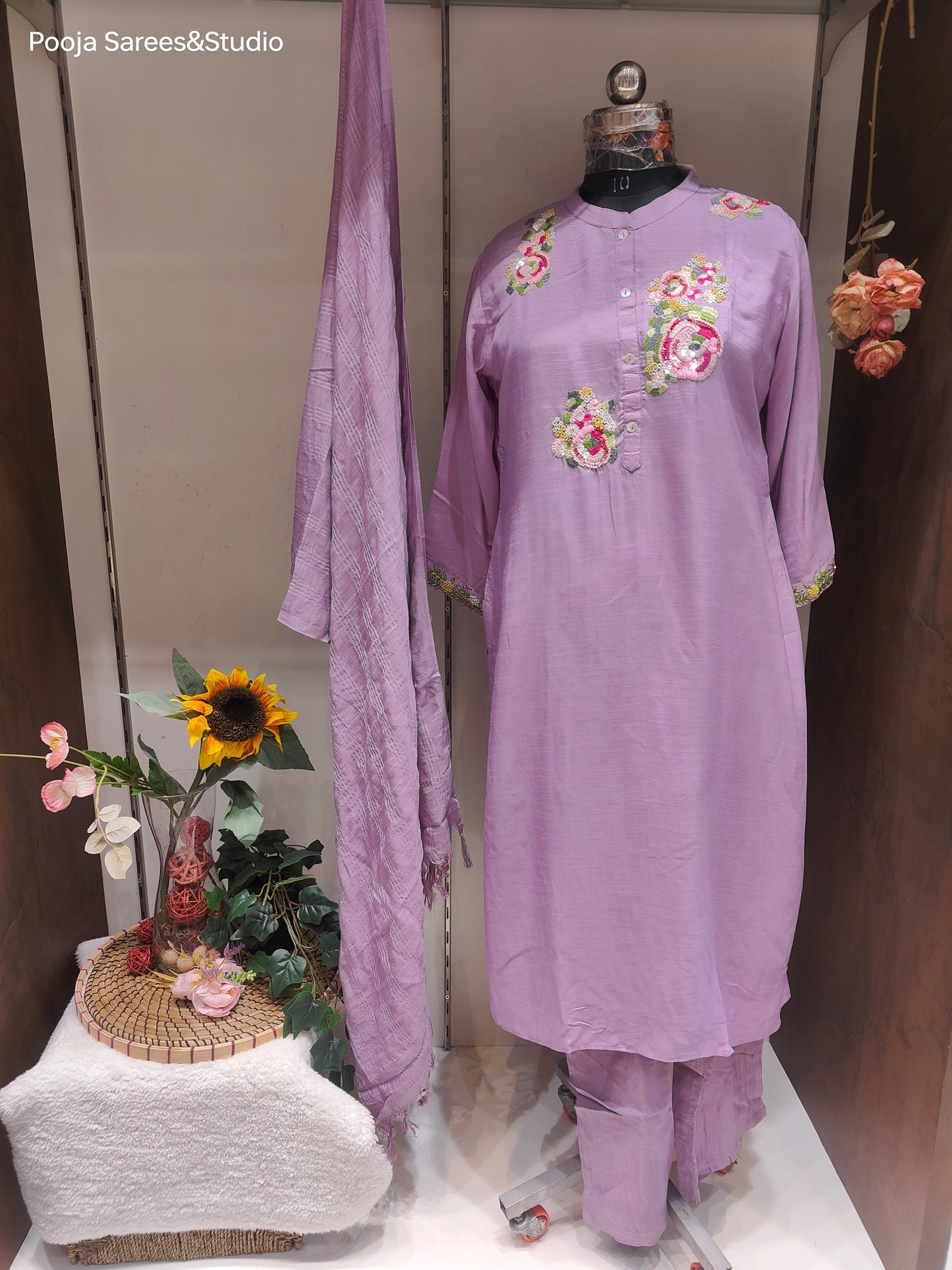 AARSAA Lilac Raw Silk Multicolour Sequence floral work Kurta Set