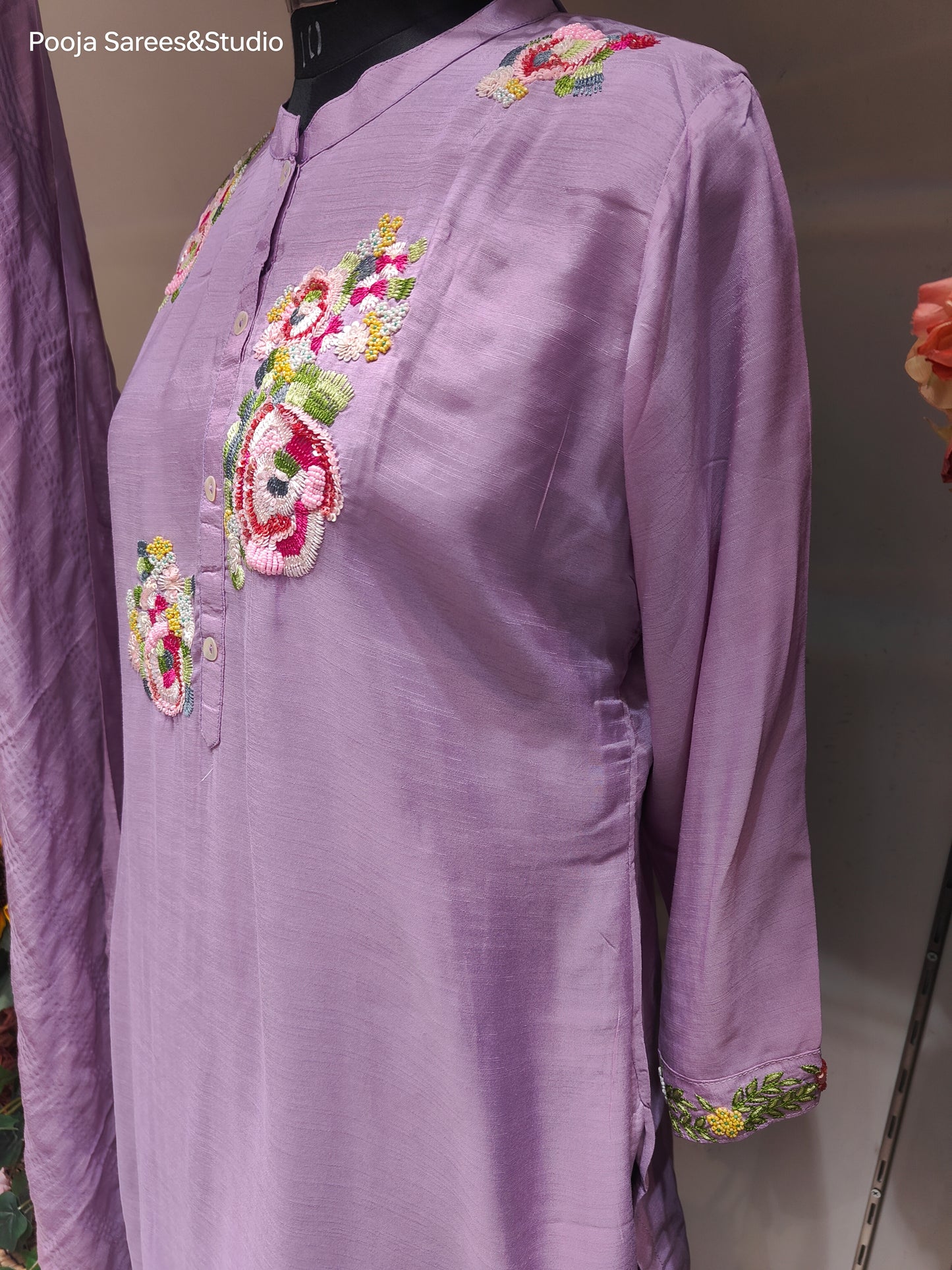 AARSAA Lilac Raw Silk Multicolour Sequence floral work Kurta Set