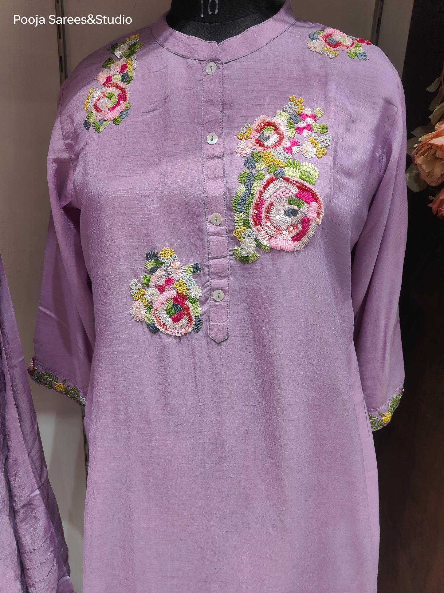 AARSAA Lilac Raw Silk Multicolour Sequence floral work Kurta Set