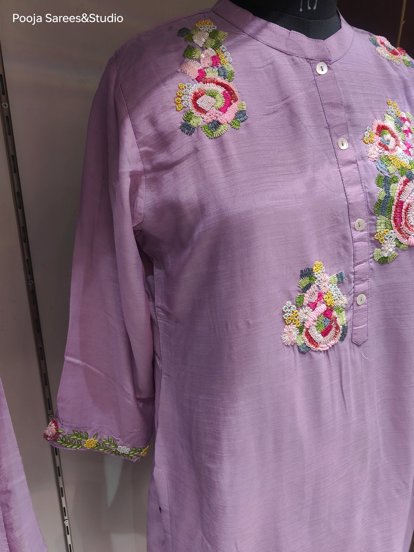 AARSAA Lilac Raw Silk Multicolour Sequence floral work Kurta Set