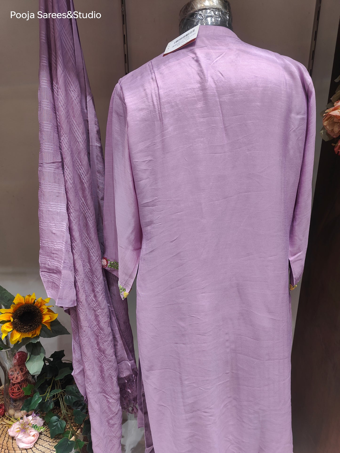 AARSAA Lilac Raw Silk Multicolour Sequence floral work Kurta Set