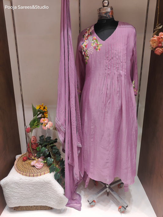 AARSAA Lilac Mulmul Cotton Multicolour Sequence Work Flared Kurta Set