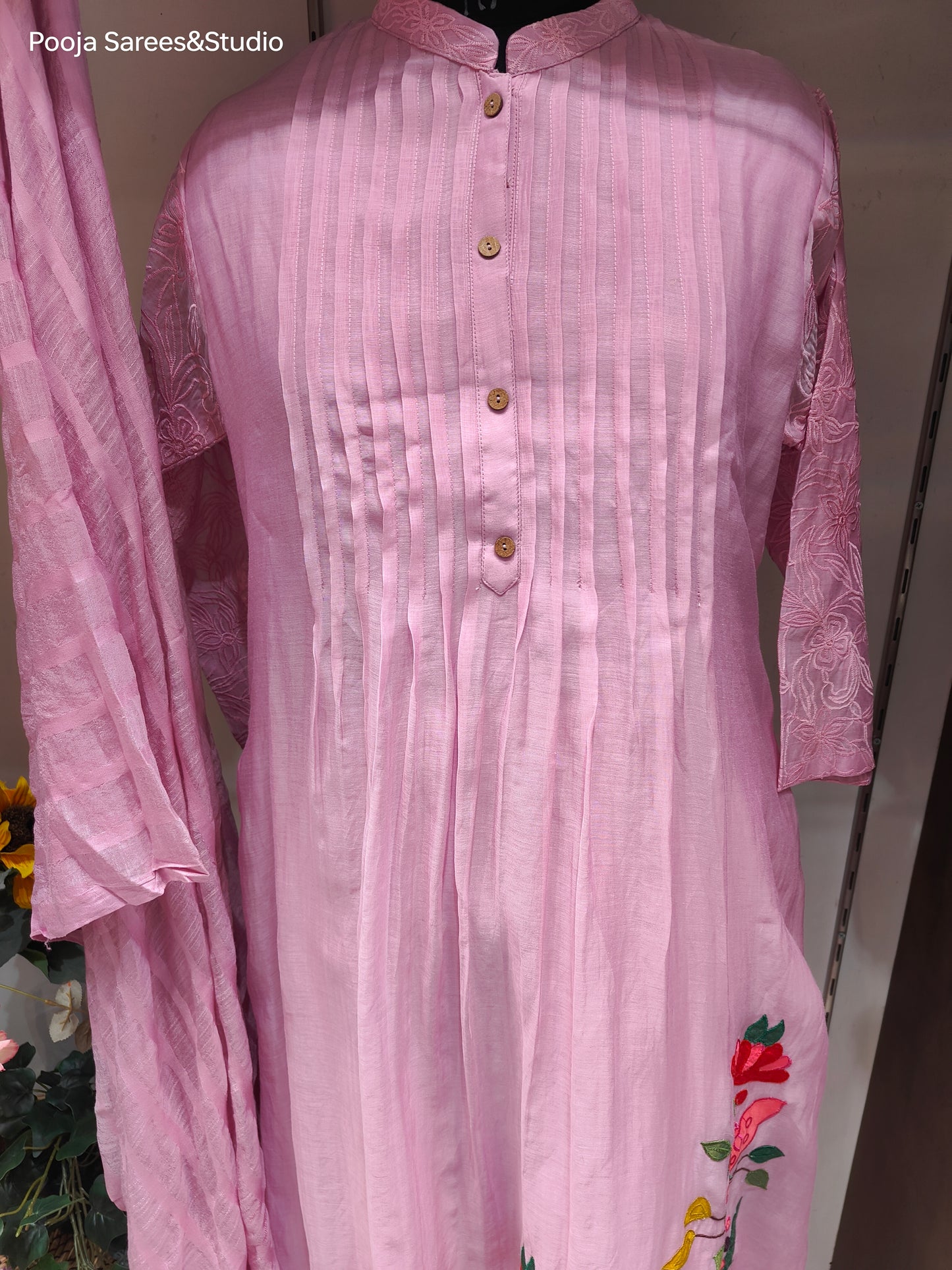 AARSAA Pink Mulmul Cotton Applique work , sleeve and collar threadwork flared kurta set