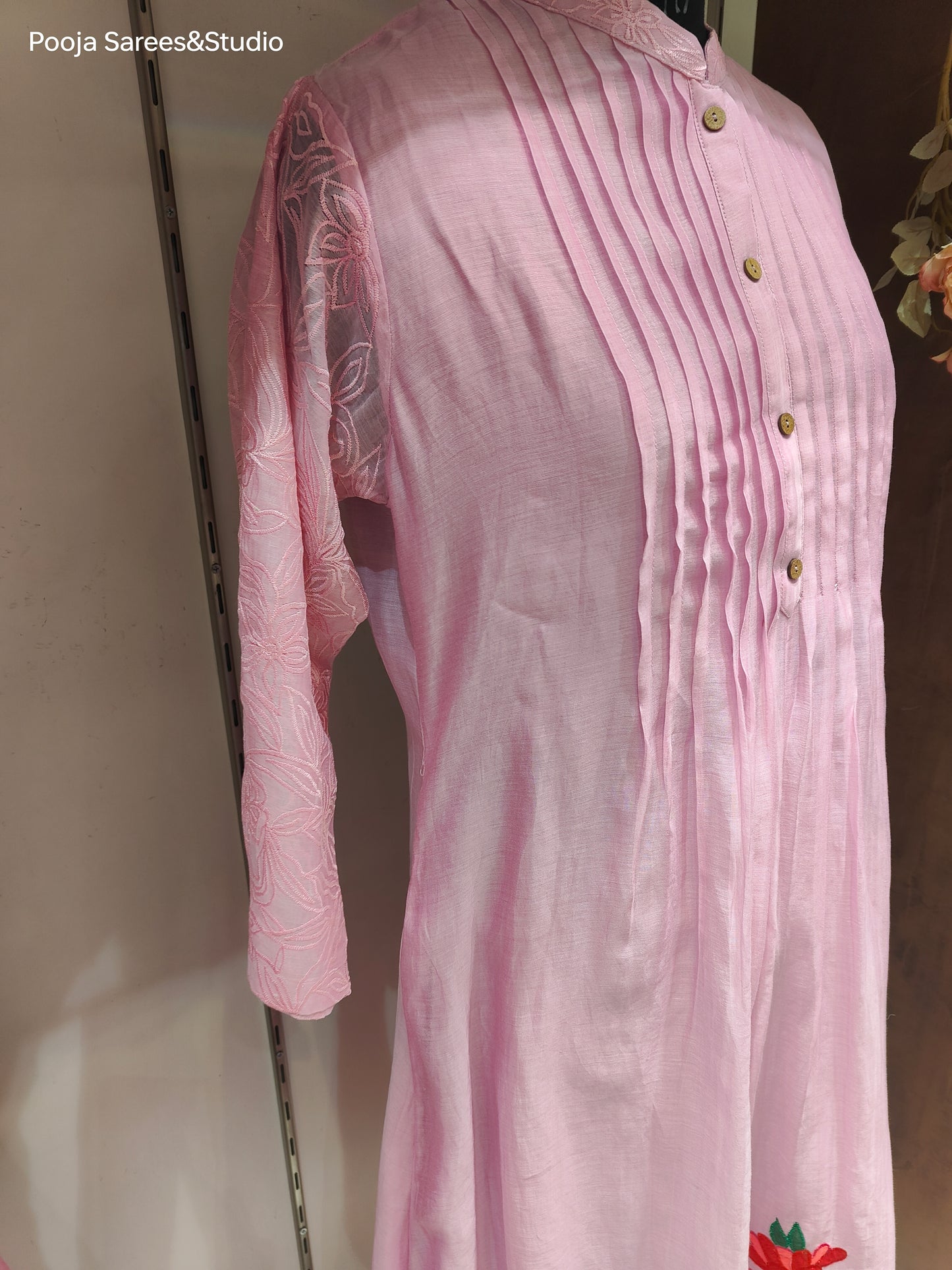 AARSAA Pink Mulmul Cotton Applique work , sleeve and collar threadwork flared kurta set