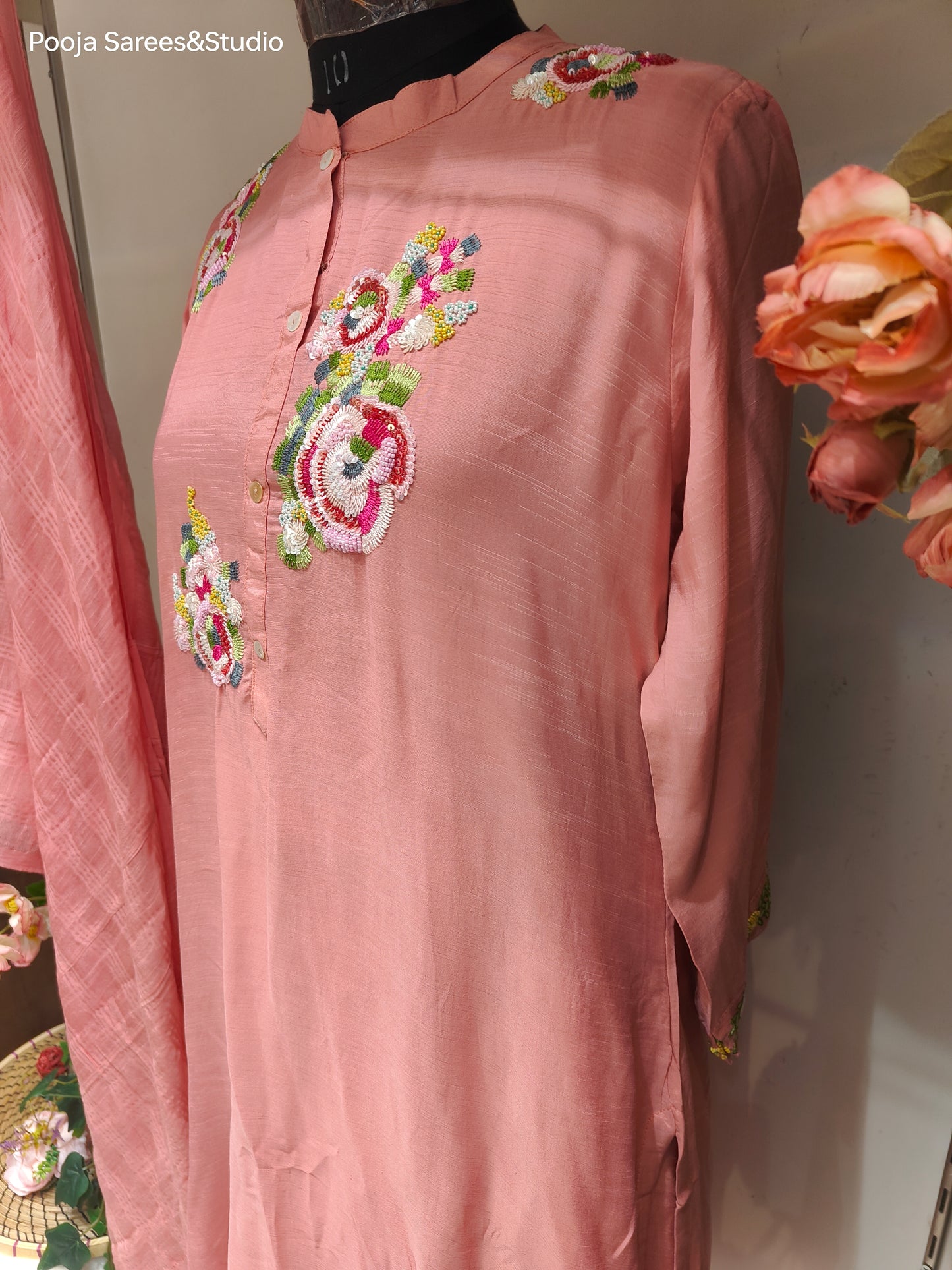 AARSAA Peach Raw Silk Multicolour Sequence floral work Kurta Set