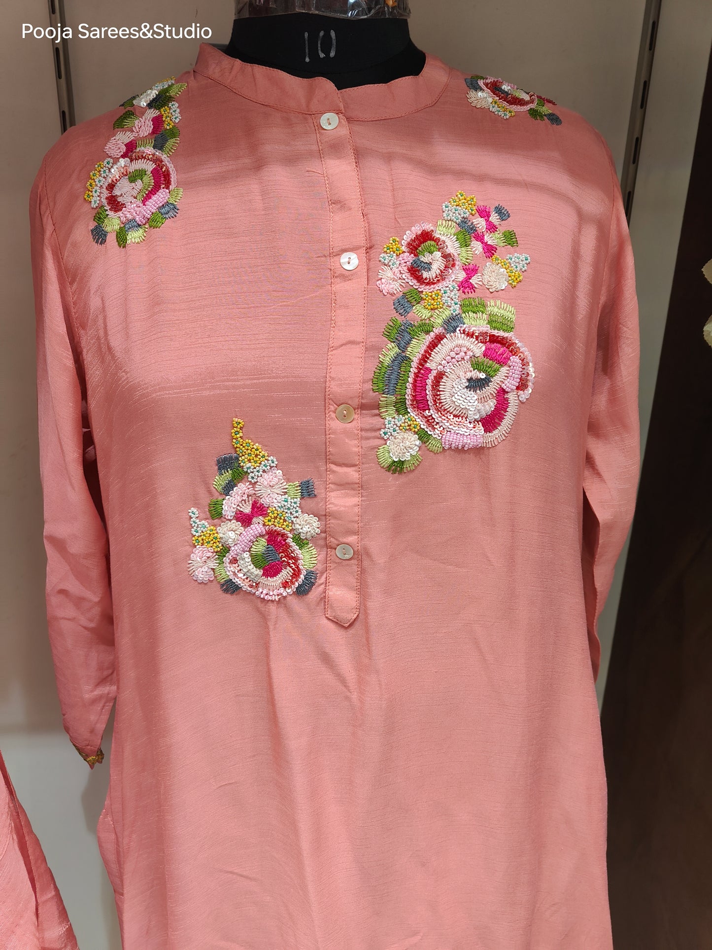 AARSAA Peach Raw Silk Multicolour Sequence floral work Kurta Set