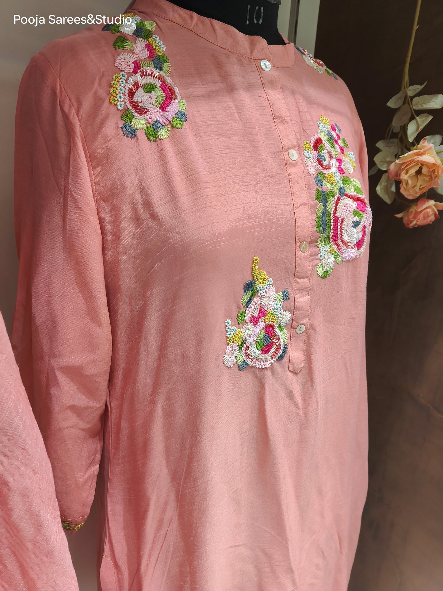 AARSAA Peach Raw Silk Multicolour Sequence floral work Kurta Set