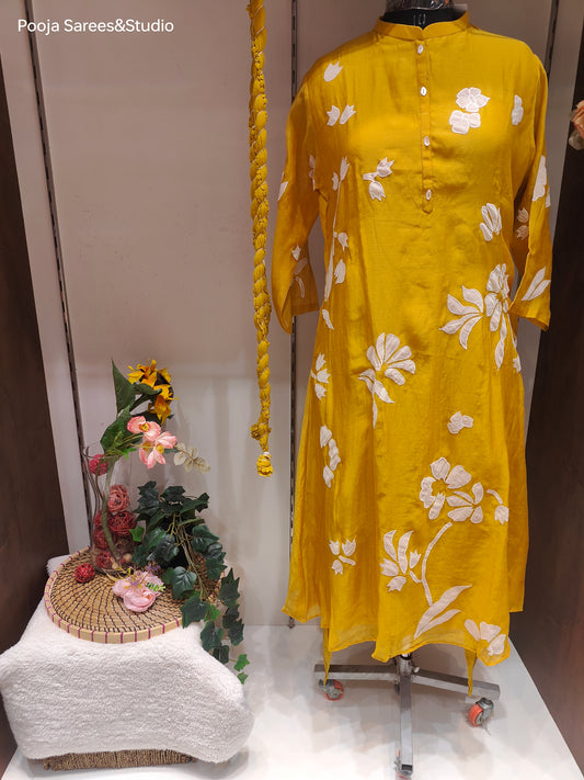 AARSAA Yellow Mulmul Cotton Applique Work Flared Kurta Set