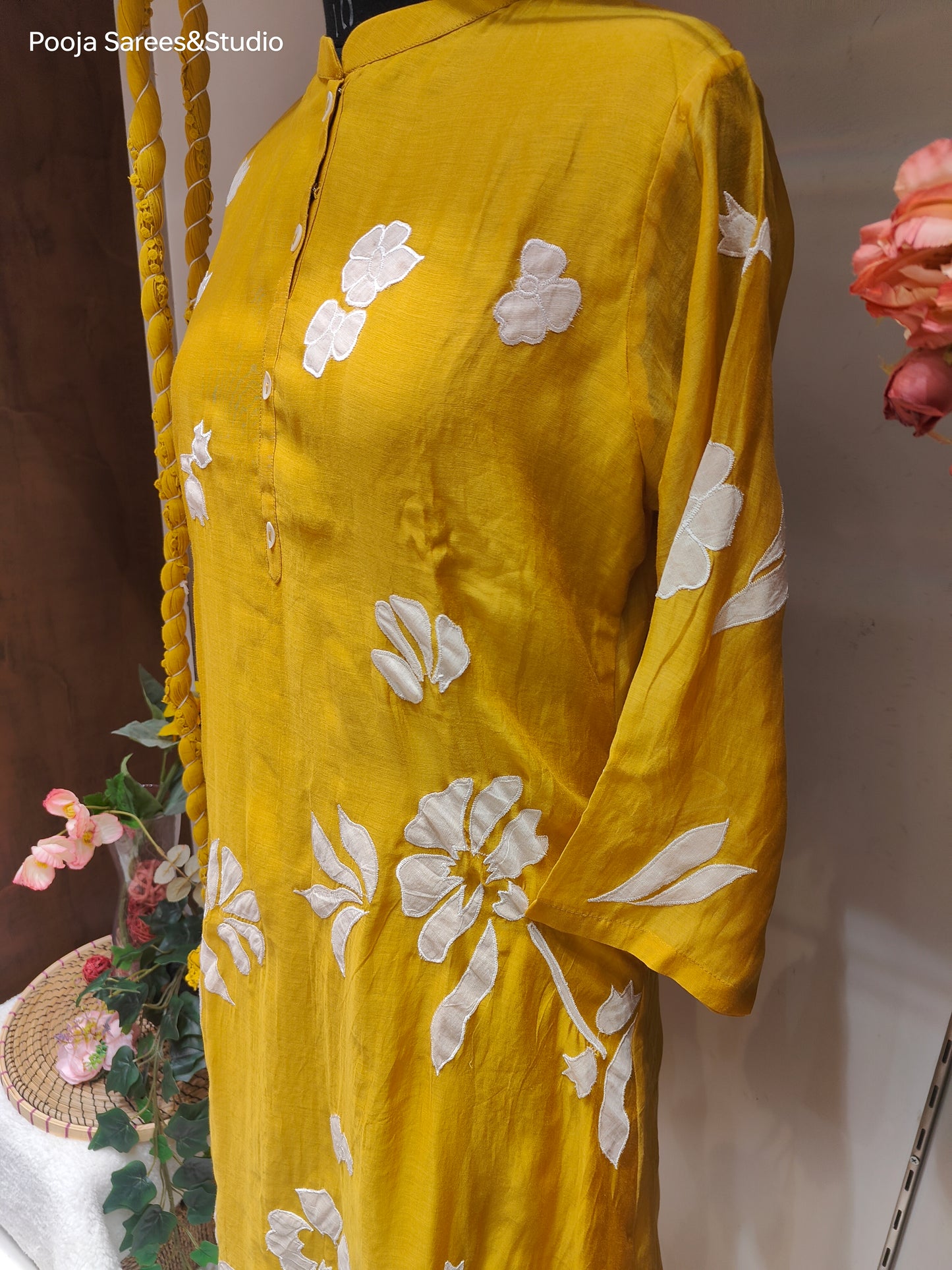 AARSAA Yellow Mulmul Cotton Applique Work Flared Kurta Set