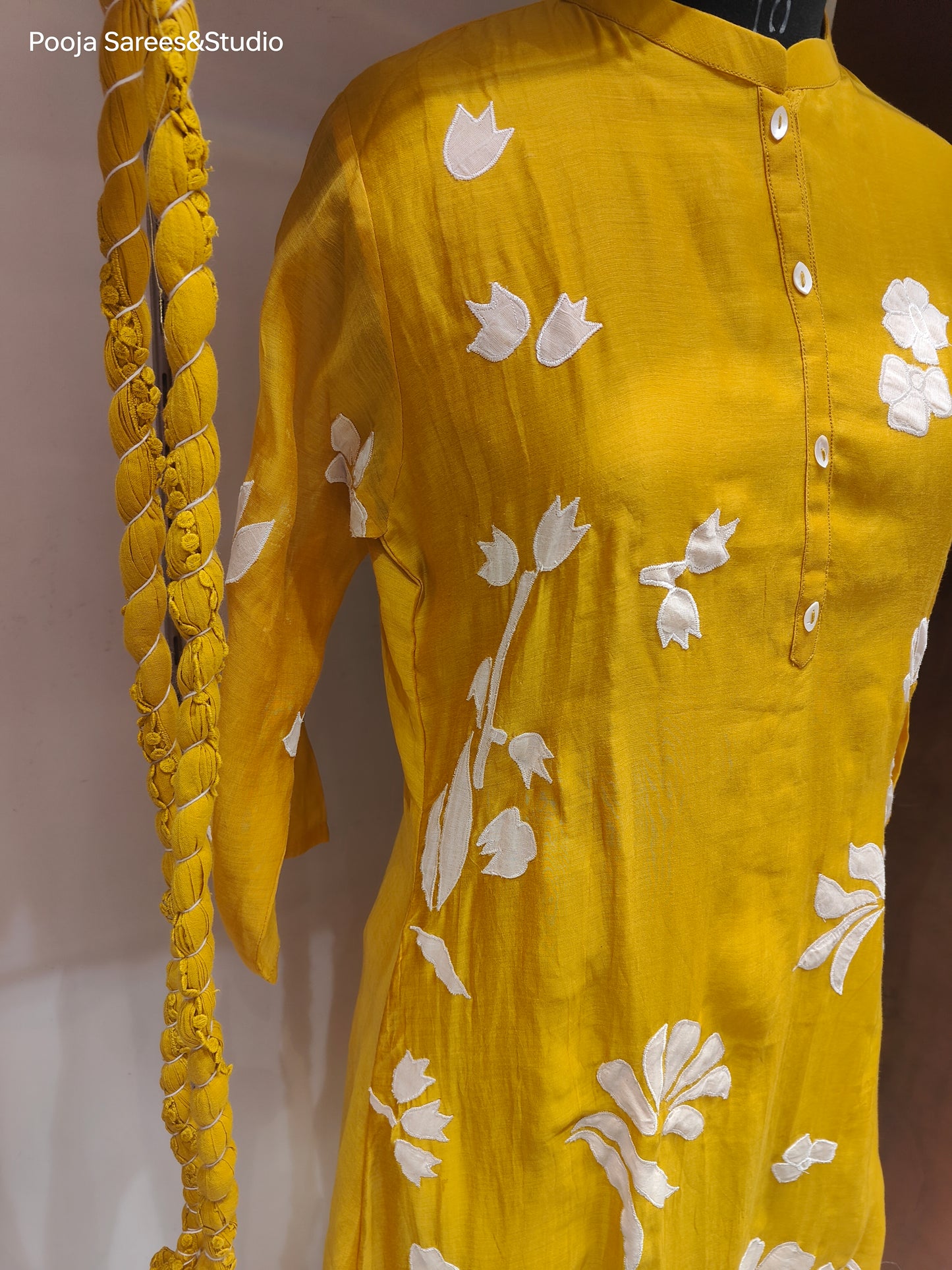 AARSAA Yellow Mulmul Cotton Applique Work Flared Kurta Set