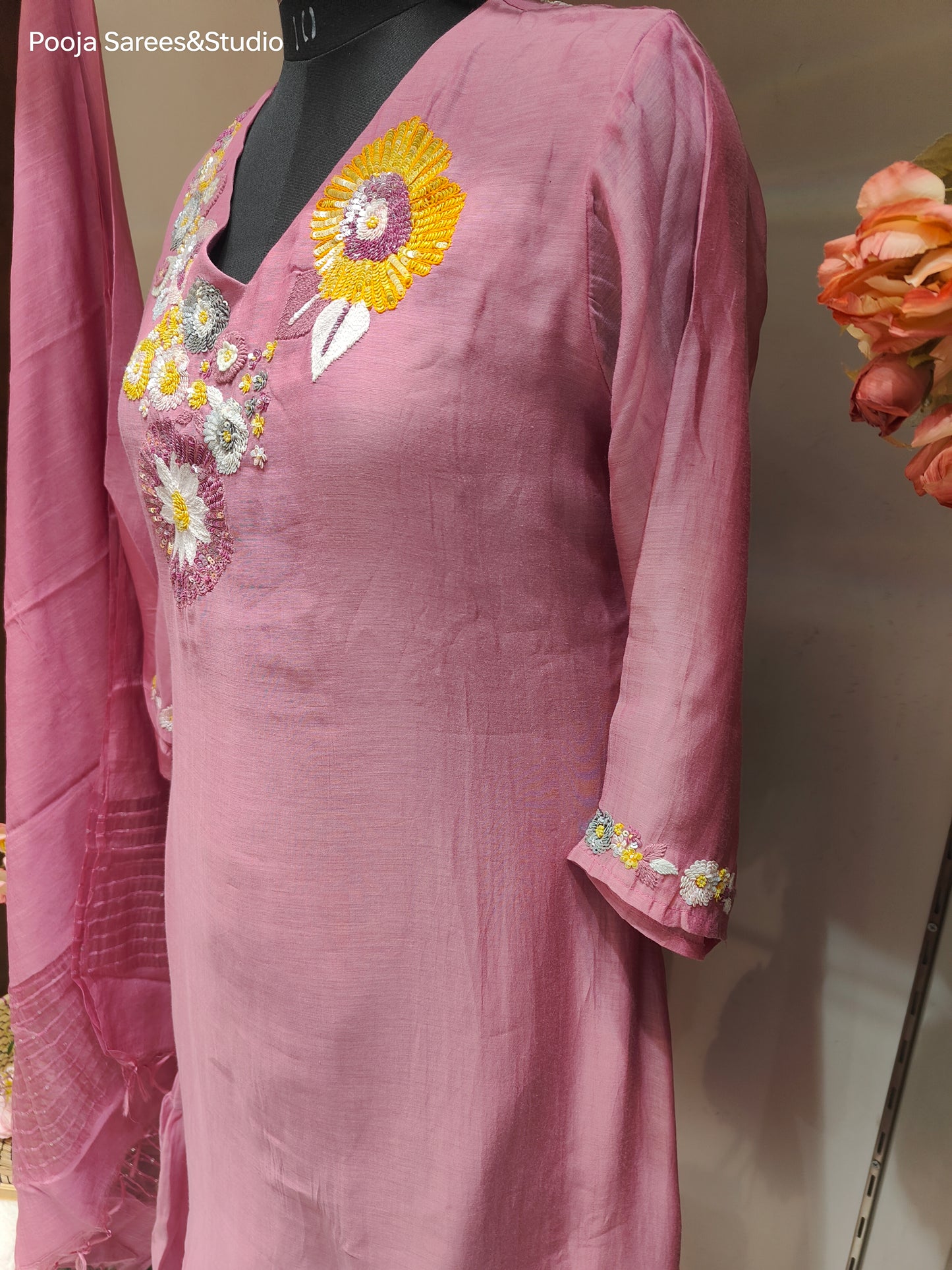 AARSAA Mulmul Cotton Pink Multicolour Sequence Flared Kurta Set