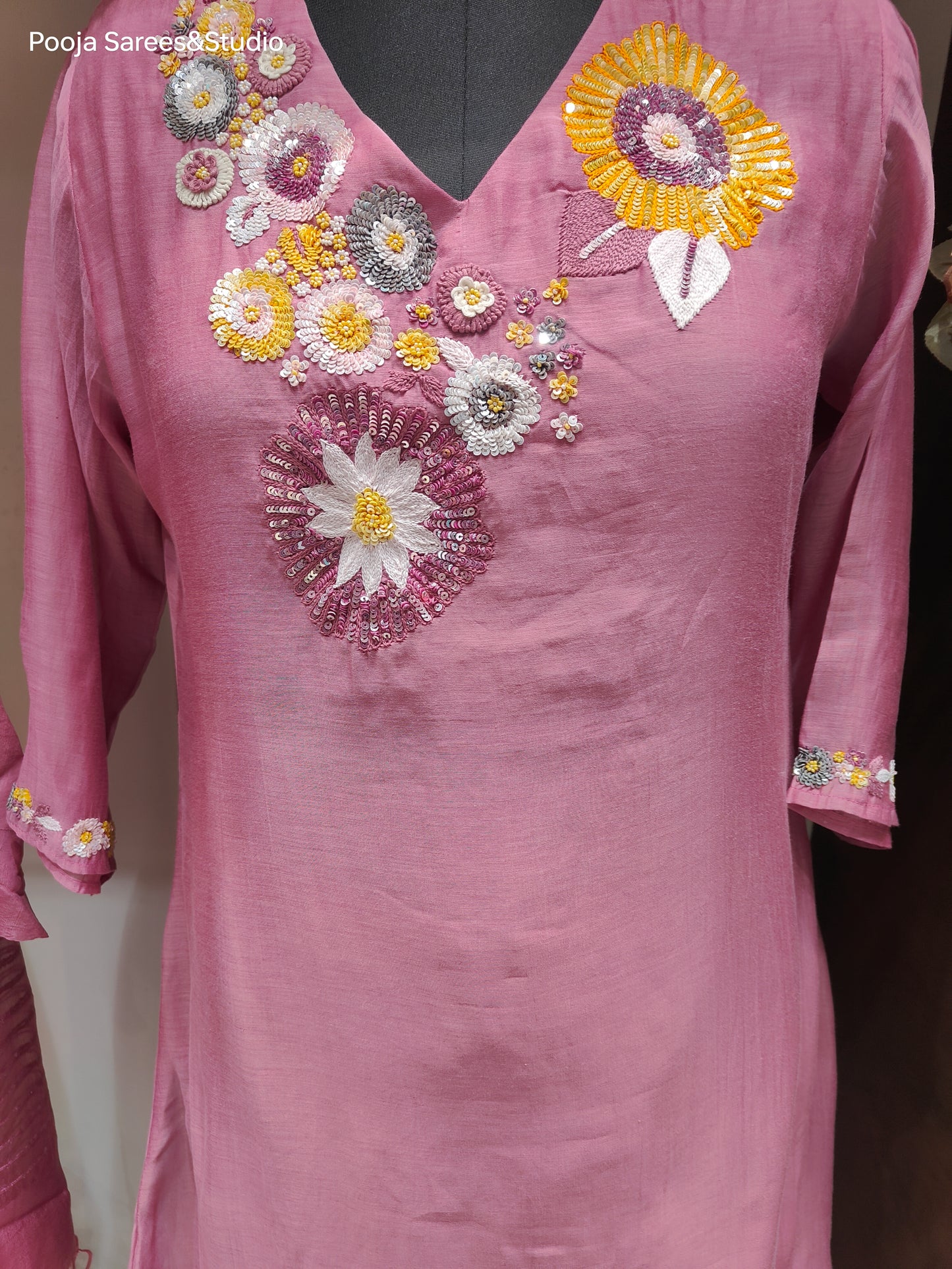 AARSAA Mulmul Cotton Pink Multicolour Sequence Flared Kurta Set