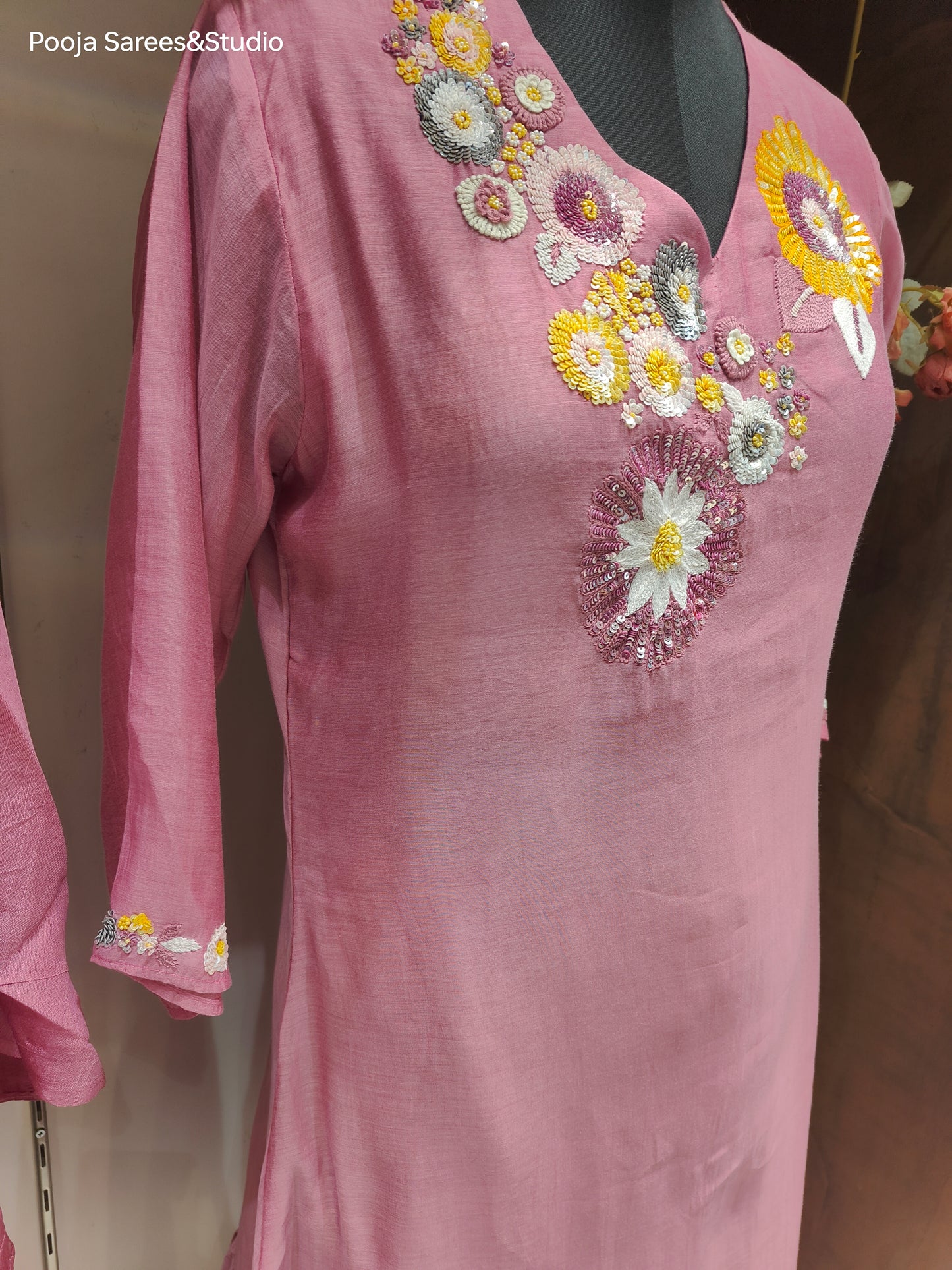 AARSAA Mulmul Cotton Pink Multicolour Sequence Flared Kurta Set