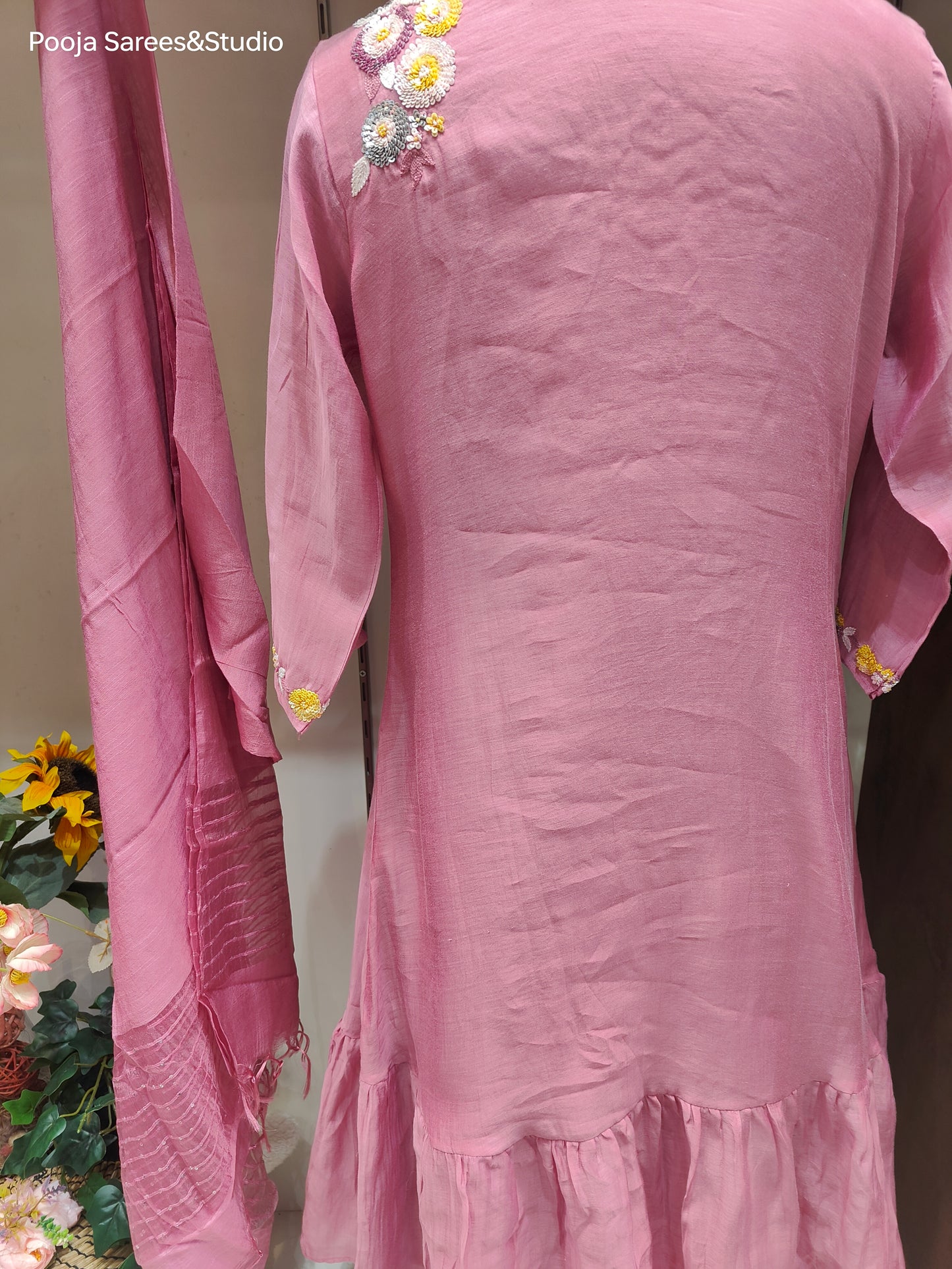 AARSAA Mulmul Cotton Pink Multicolour Sequence Flared Kurta Set