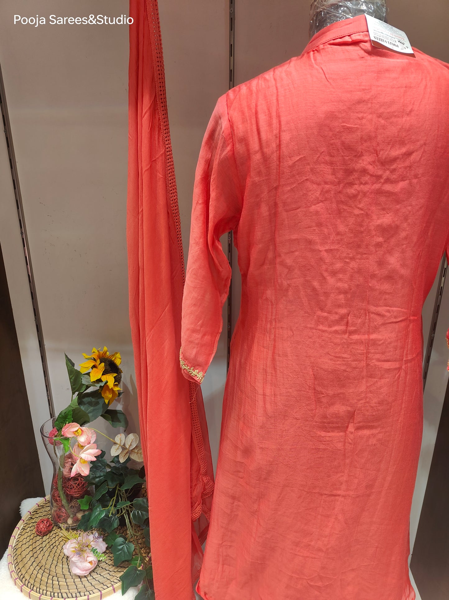 AARSAA Orange Mulmul Cotton Machine Dori and Mirror Work Flared Kurta Set