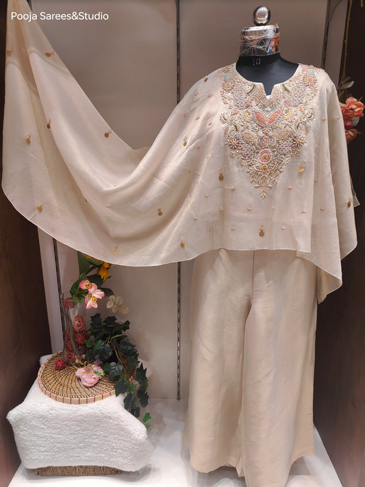 AARSAA Cream Tissue Zardozi, Threadwork Kaftan Top with Tissue Pallazo Pants