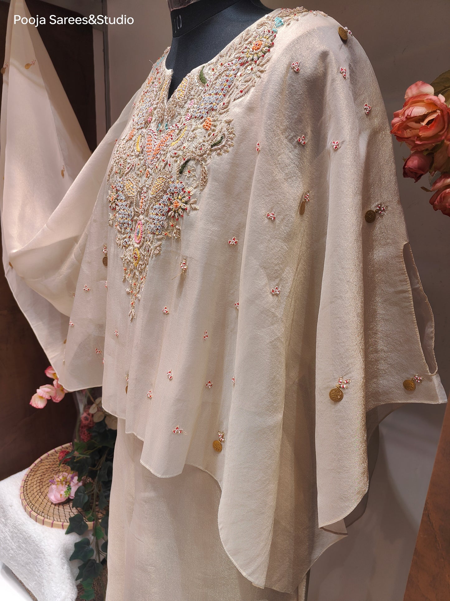 AARSAA Cream Tissue Zardozi, Threadwork Kaftan Top with Tissue Pallazo Pants