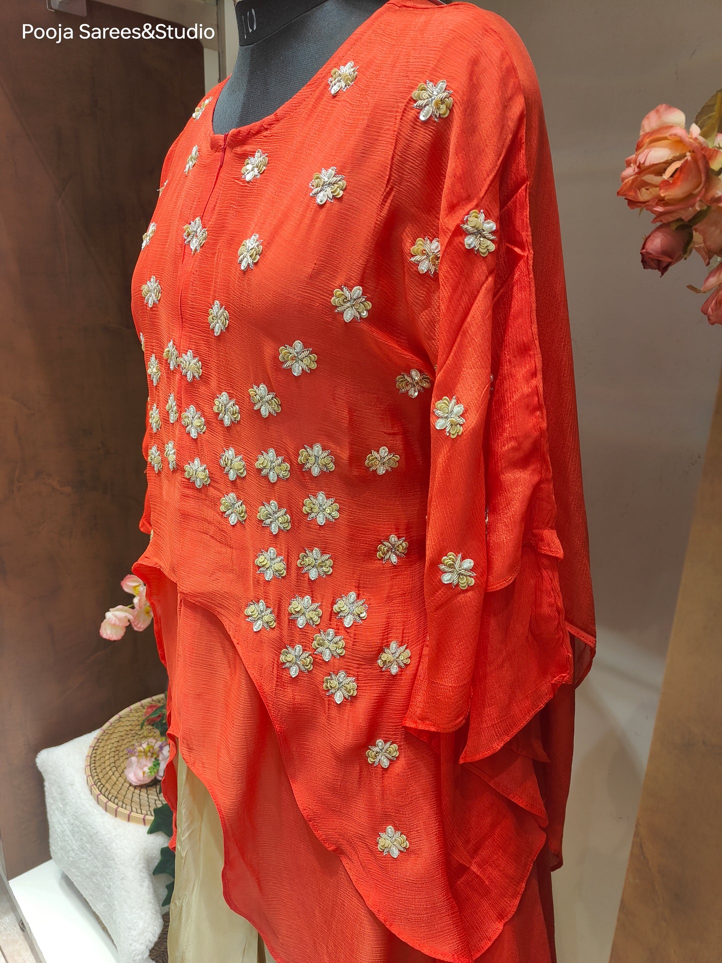 AARSAA Orange Crepe Stylish Front Cut Sequence Zardozi work Kaftan with Contrast Golden cowl skirt